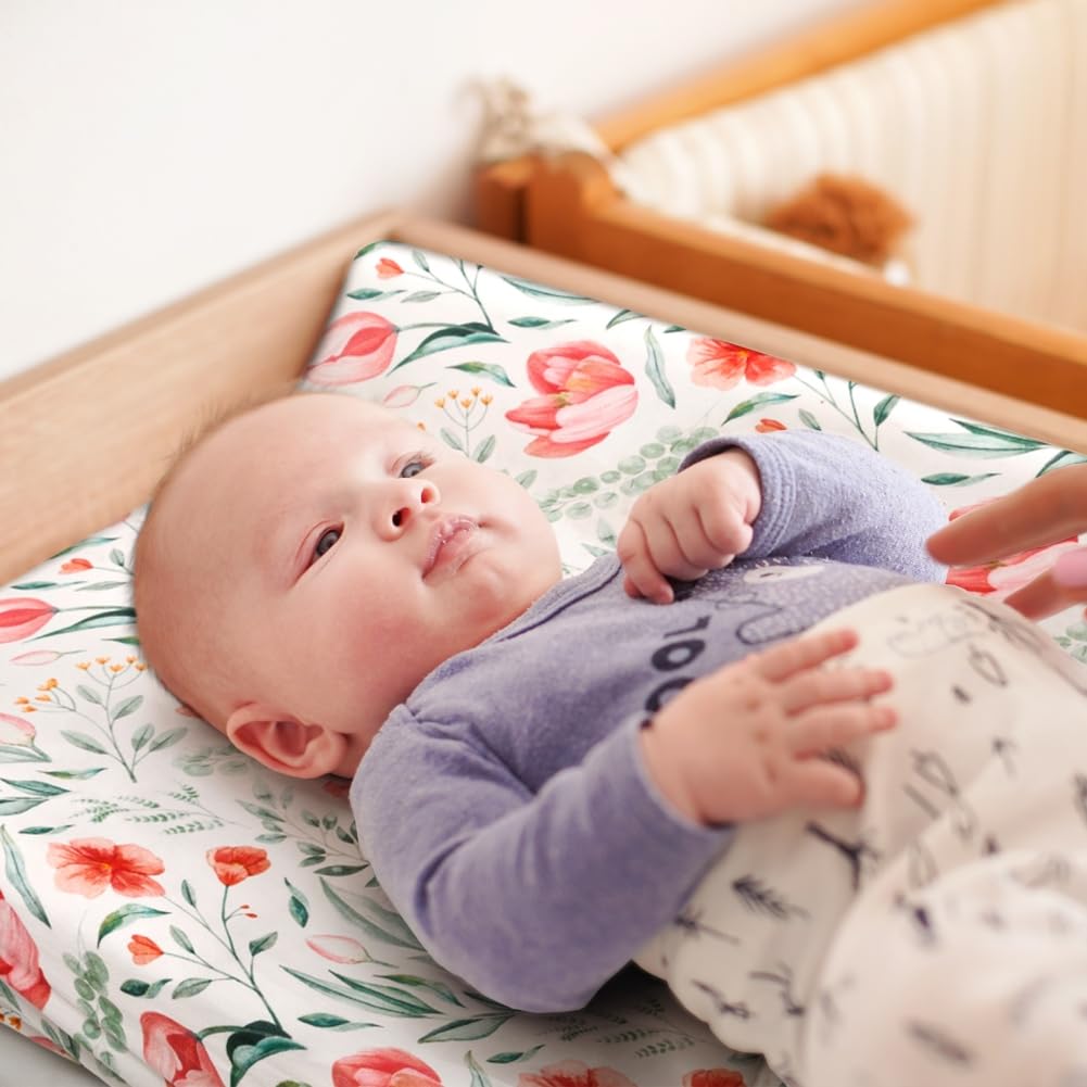 4 Pack Baby Girl Changing Pad Covers - Soft Breathable Fitted Floral & Elephant Theme Crib Sheets for Newborn & Toddler Girls | Nursery, Diaper Changing Station & Travel Use (Flower Pattern)