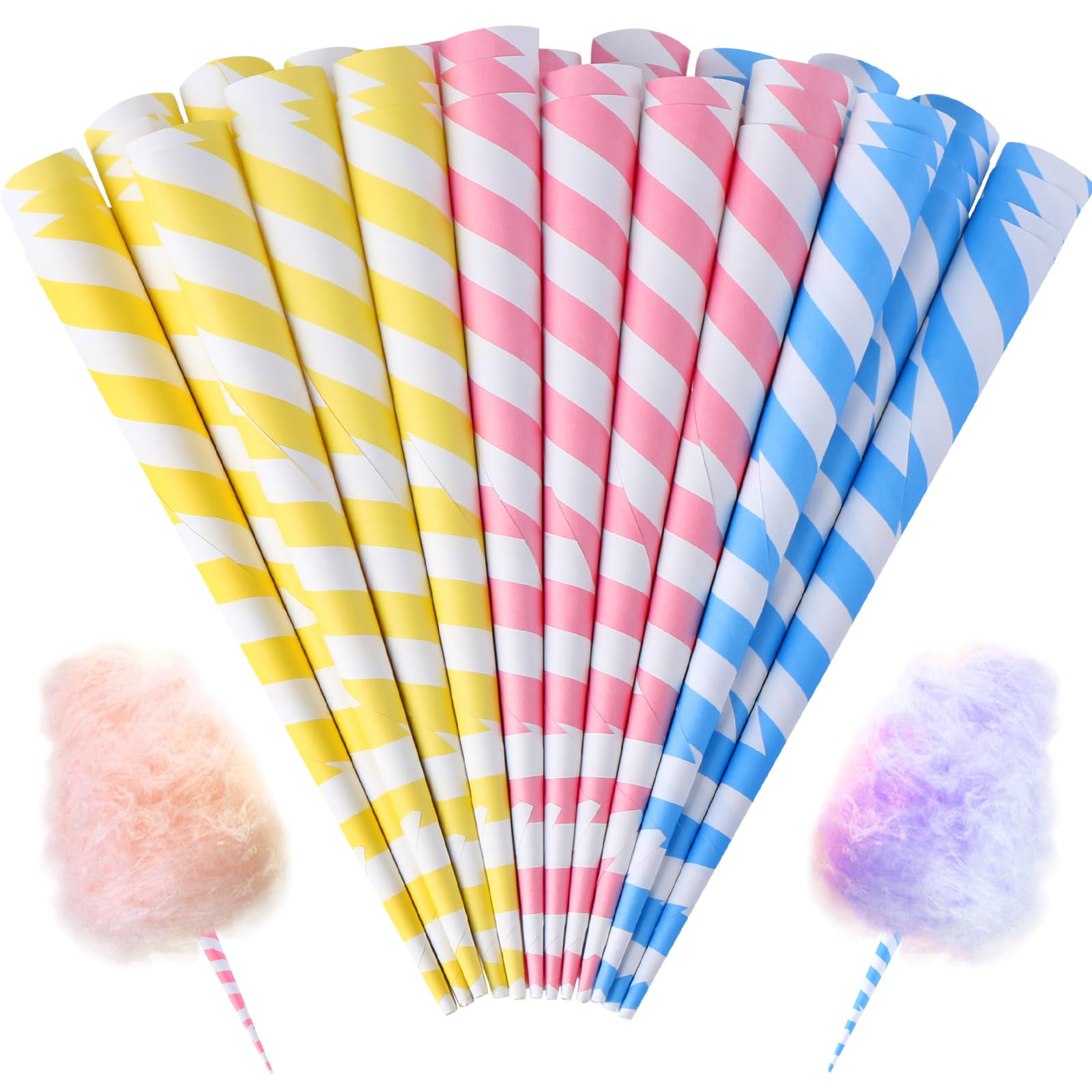60PCS Multicolor Cotton Candy Paper Cones - Blue Pink Yellow Candy Making Supplies for Birthday Parties, Festivals & Carnivals - Perfect for DIY Cotton Candy, Sweet Treats & Event Decorations