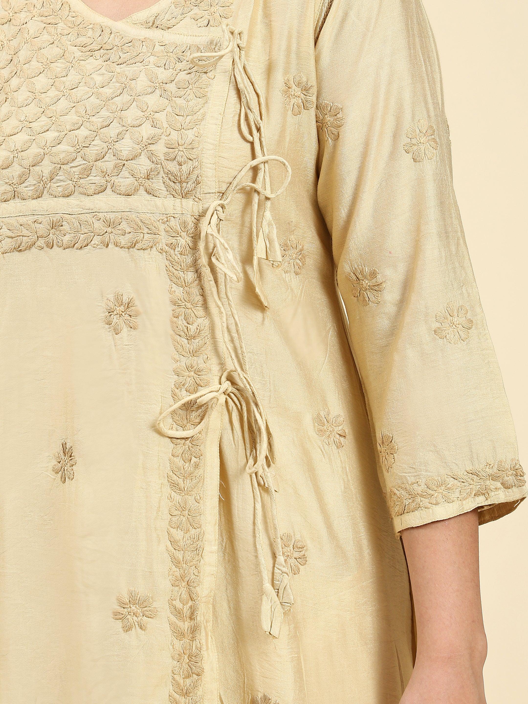 Fizaa Chikankari Angrakha Long Kurta for Women - Elegant Beige Chanderi Silk Ethnic Dress | Perfect for Festivals, Weddings & Special Occasions
