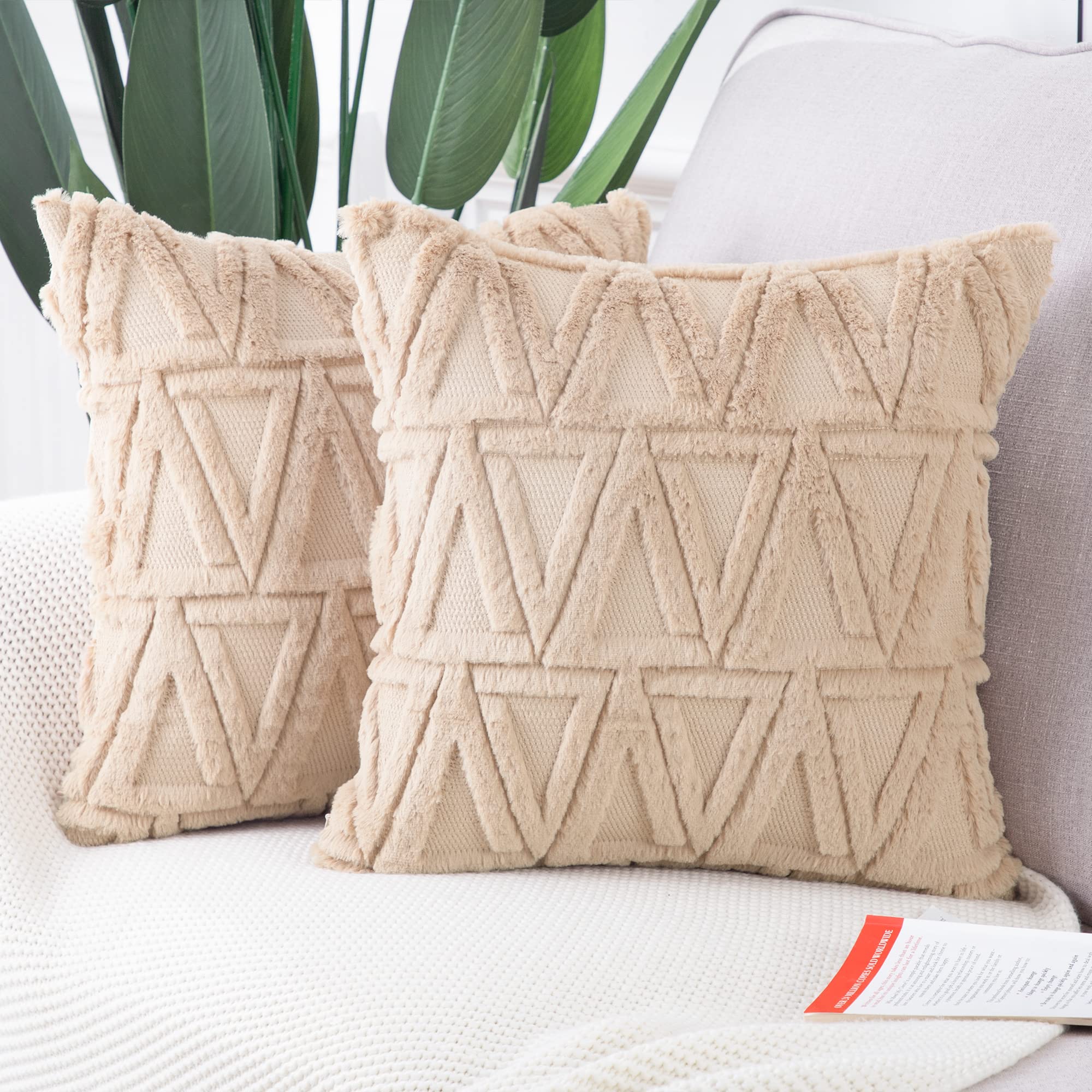 Boho Velvet Throw Pillow Covers Set of 2 - 20x20 Inch Super Soft Khaki Plush Short Wool Decorative Pillowcases for Sofa, Bedroom & Living Room - Perfect for Cozy Home Decor and Farmhouse Style Interiors
