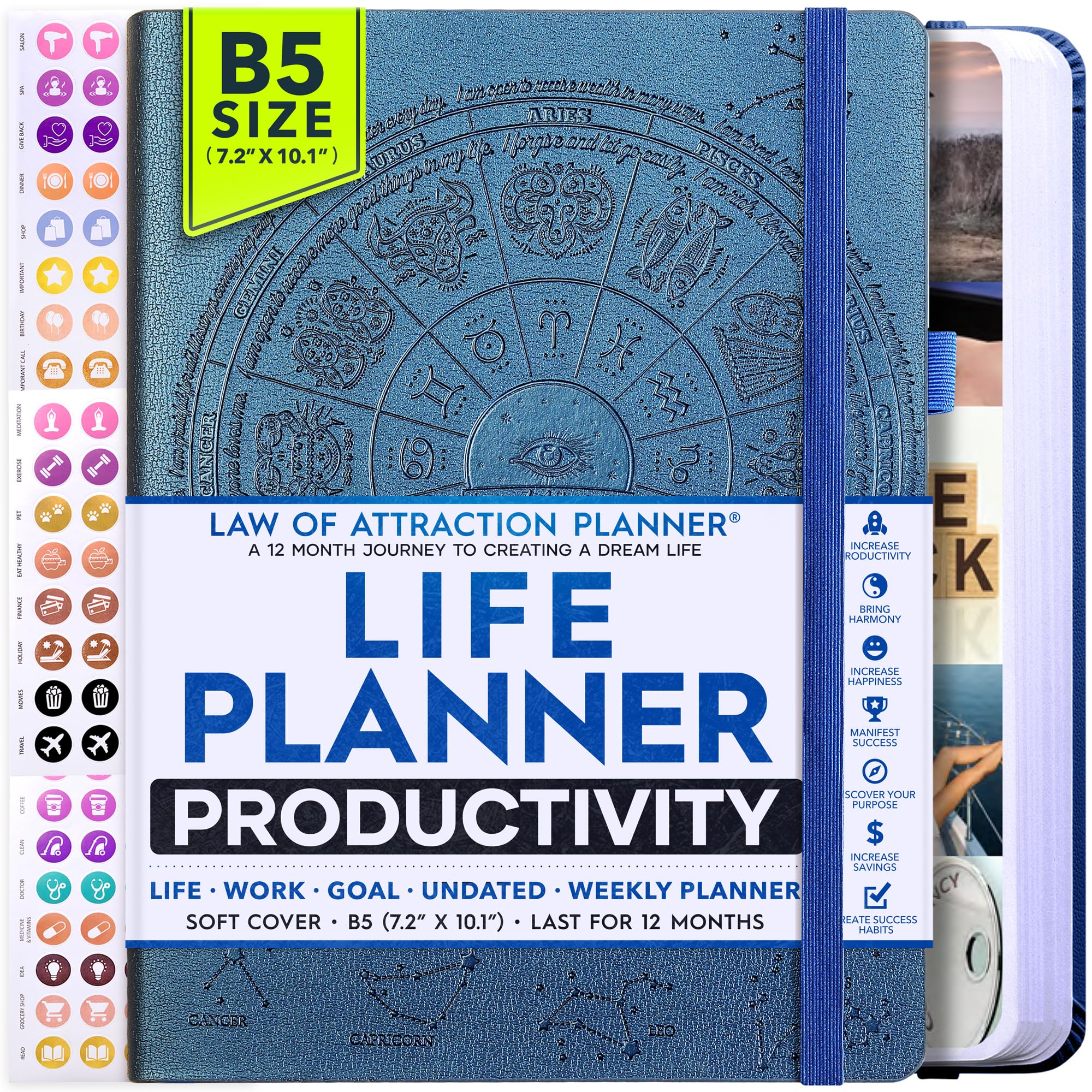 Law of Attraction Planner 2025 – Undated Productivity Planner with Hourly, Weekly & Monthly Goal Setting | 12-Month Life Organizer, Gratitude Journal with Vision Board | Includes Foldable Vision Board, Gift Box & Stickers | Perfect for Manifestation, Self-Improvement & Daily Planning