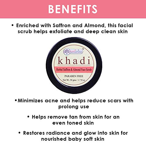 Khadi Rishikesh Herbal Saffron Almond Face Scrub - Natural Tan Removal & Blackhead Whitehead Cleanser | Brightening & Exfoliating Scrub for Fair Complexion | Paraben-Free, 50GM for Women & Men | Includes Free Hair Rubber Band | Perfect for Daily Skincare & Spa Treatments