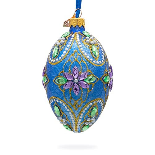 4 Inch Blue Glass Egg Ornament with Jeweled Purple Flowers - Perfect for Easter Decor, Christmas Tree Ornaments & Home Decoration Gifts