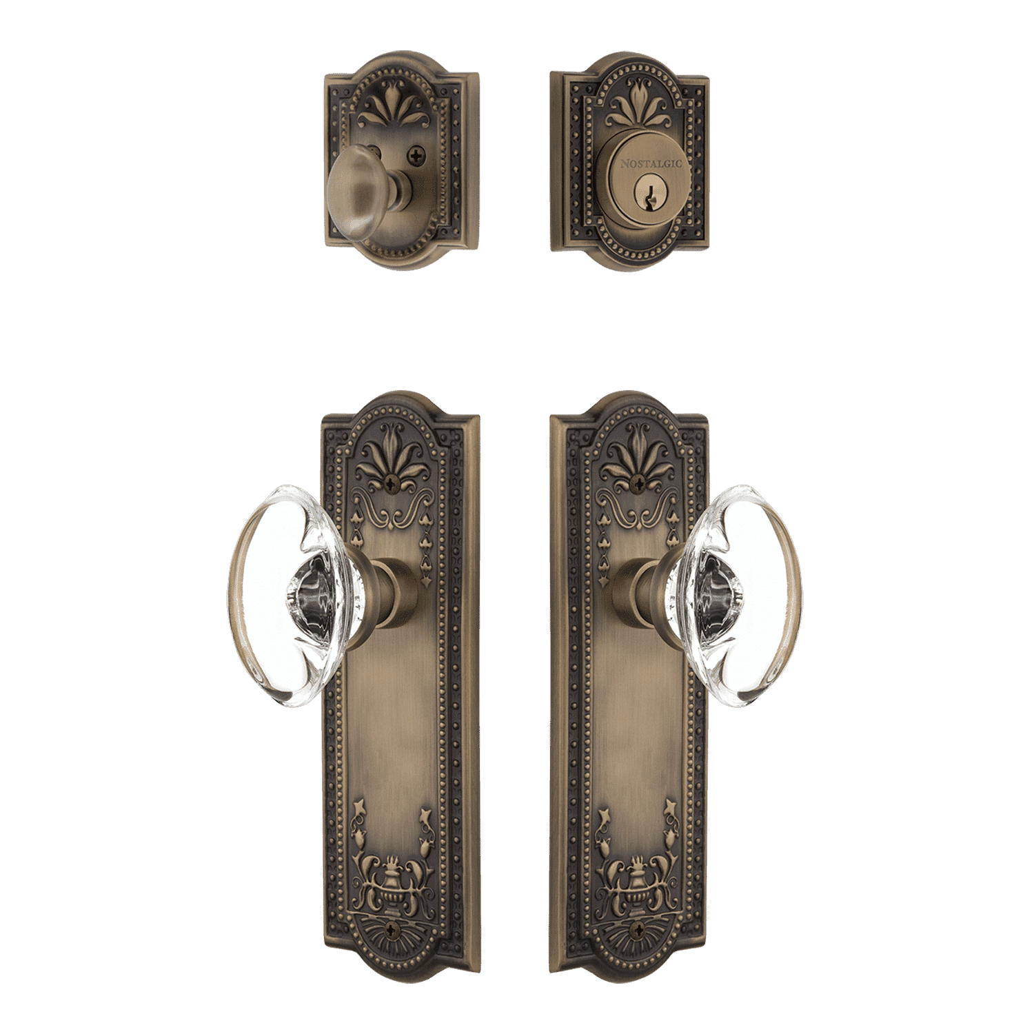 Antique Brass Entry Door Handle Set with Oval Clear Crystal Knob - Elegant & Durable for Home, Office, and Commercial Spaces