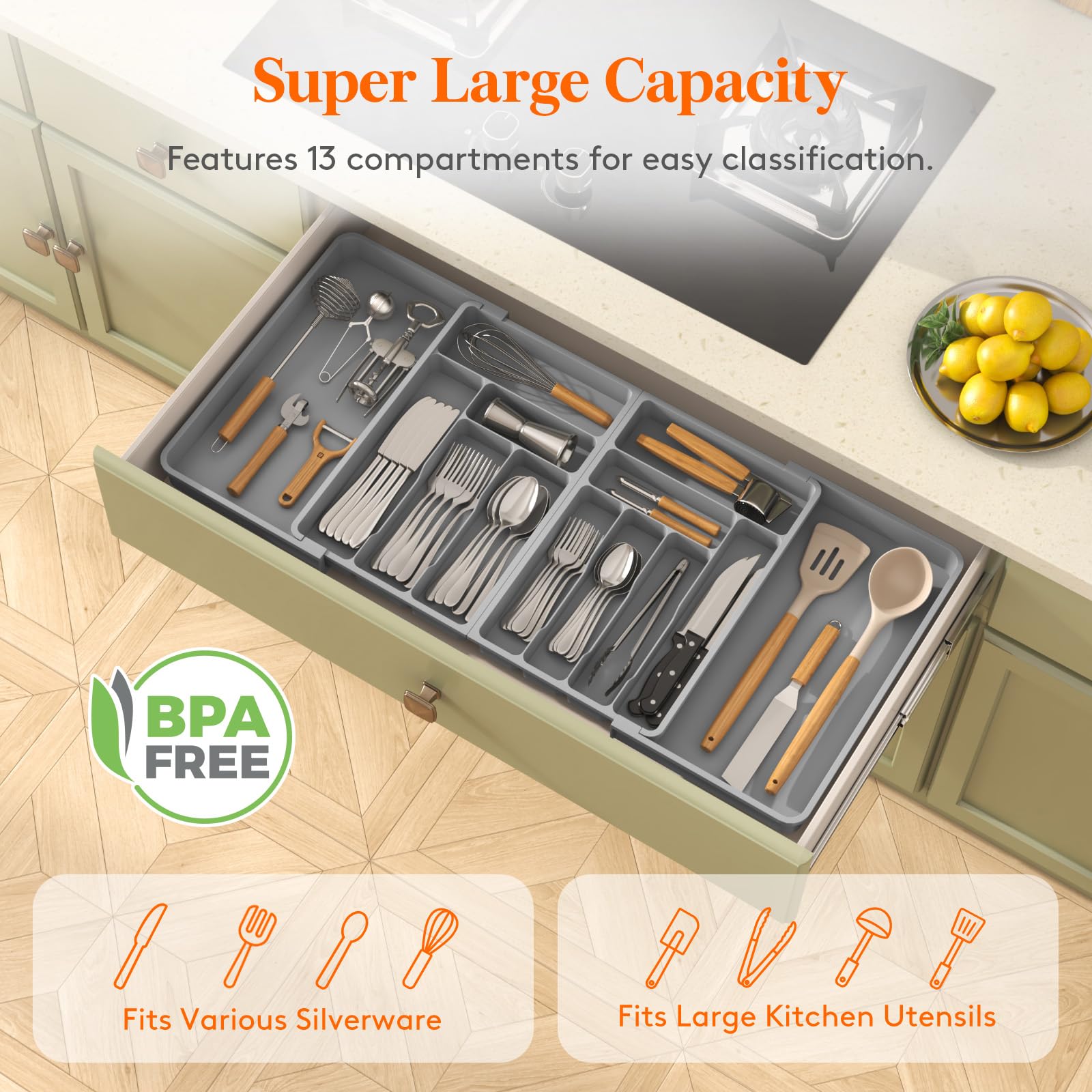 Lifewit Expandable Silverware Drawer Organizer (21-36 Inches) – BPA-Free Plastic Utensil Tray for Kitchen, Adjustable Flatware & Cutlery Holder for Spoons, Forks, Knives – Gray | Perfect for Kitchen Drawer Organization & Utensil Storage