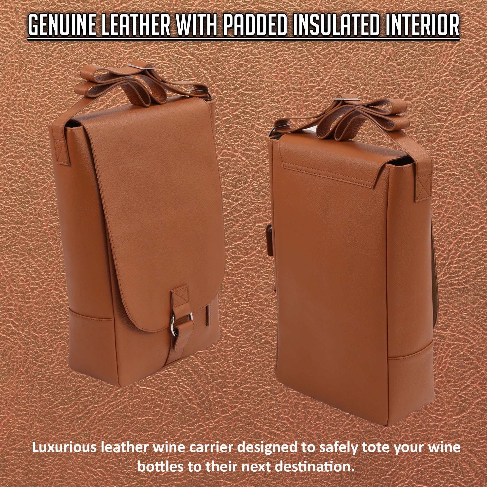 Vino2 Genuine Leather Wine Tote Bag - 2 Bottle Capacity Messenger Style Carrier (Brown) - Perfect for Picnics, Parties & Wine Tasting Events