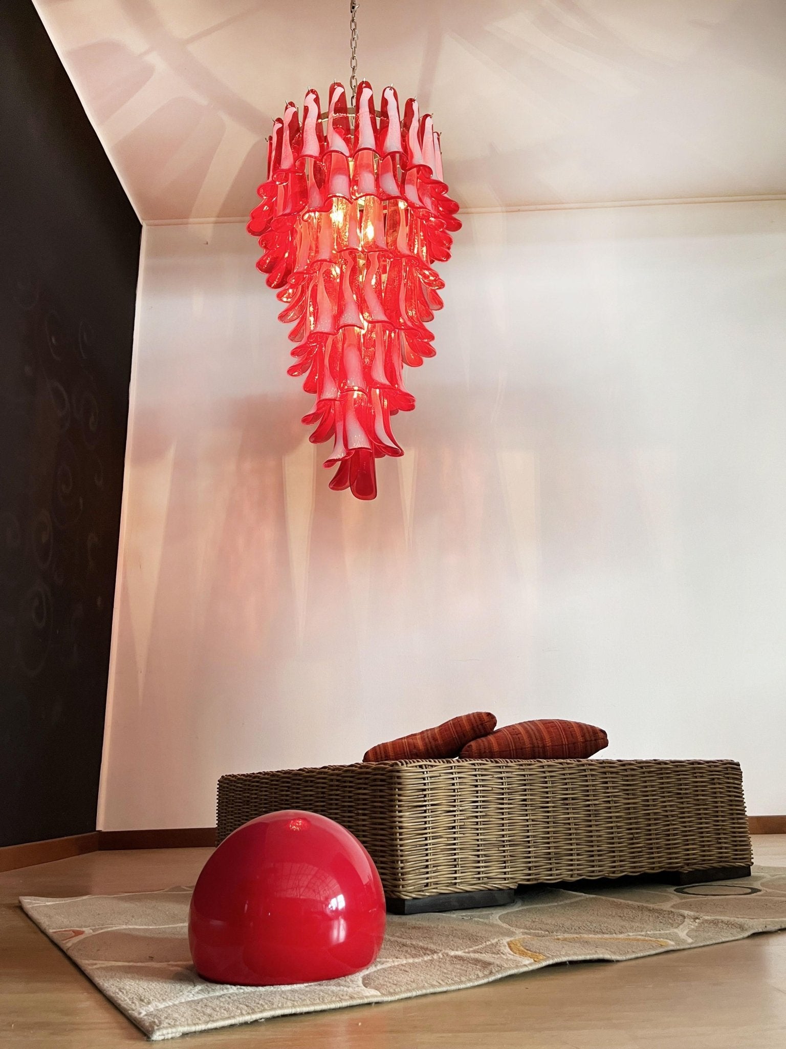 Murano Glass Red Petals Spiral Chandelier - Elegant Venetian Crystal Ceiling Light Fixture for Dining Room, Living Room & Bedroom Decor