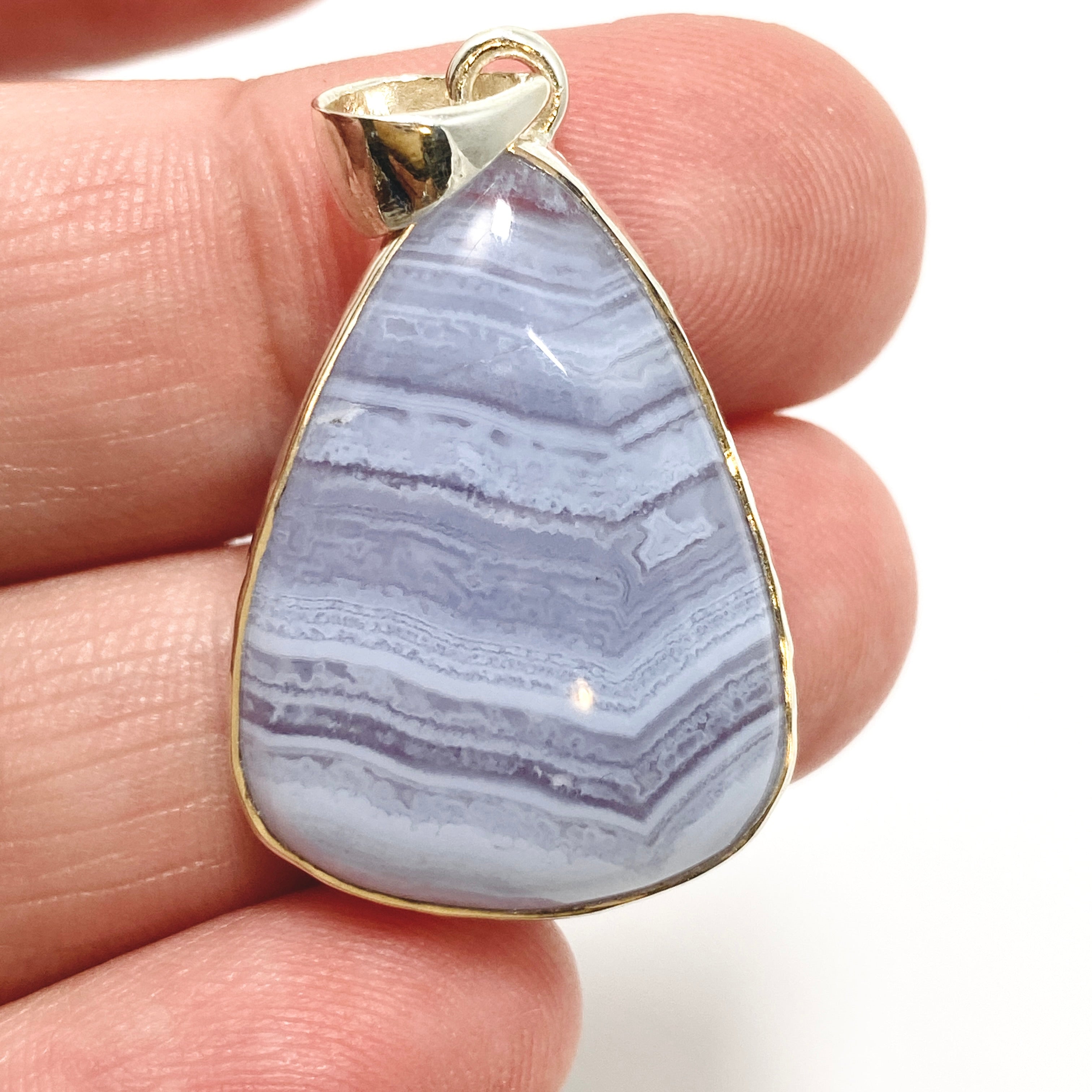 Blue Lace Agate Teardrop Cabochon Pendant in Hammered Sterling Silver Setting KPGJ4830 - Perfect for Boho Jewelry, Healing Crystal Necklaces & Spiritual Gifts