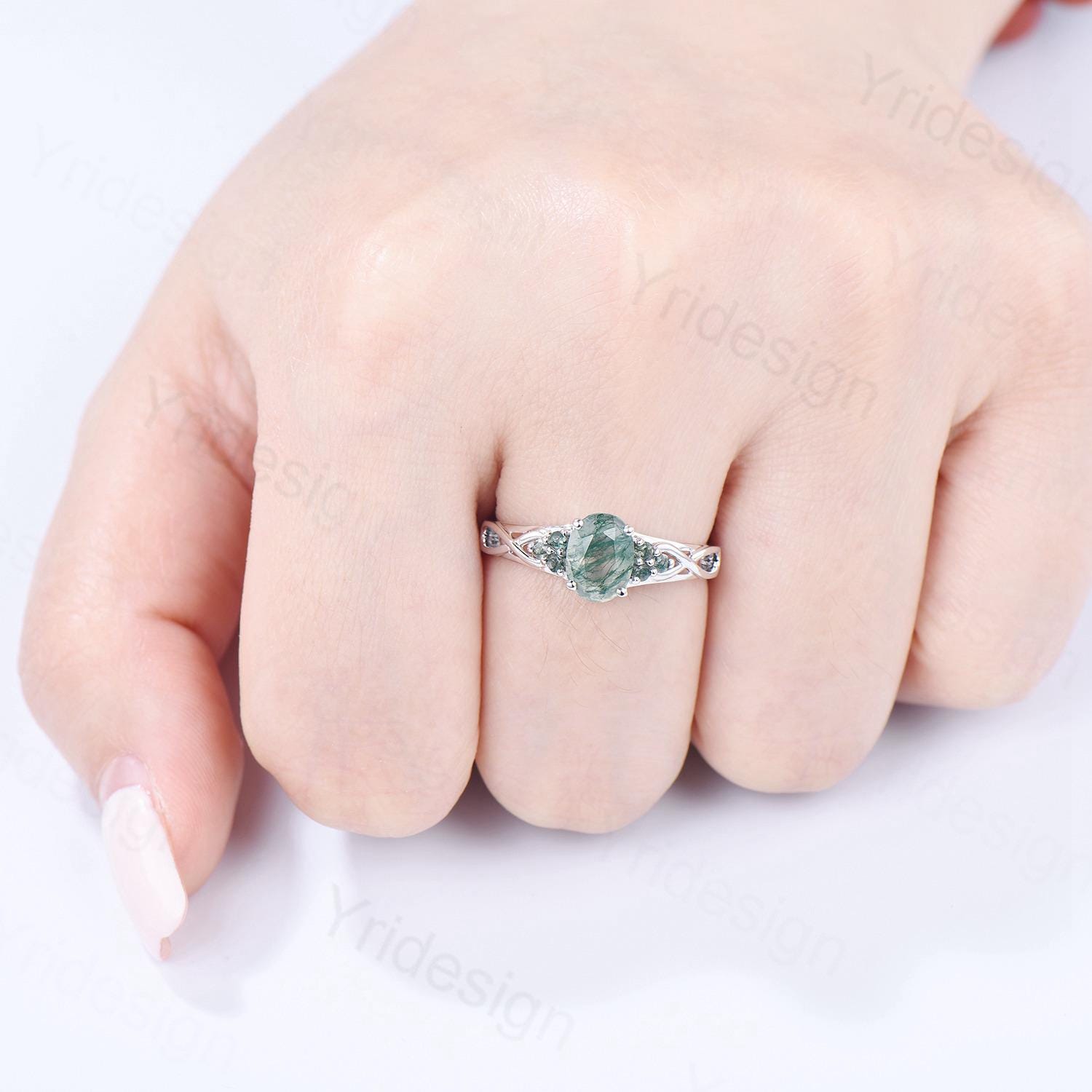 Celtic Knot Oval Natural Moss Agate Engagement Ring - 14K/18K White Gold Infinity Wedding Band - Unique Cluster Anniversary Gift for Women - Perfect for Proposals, Weddings & Romantic Occasions