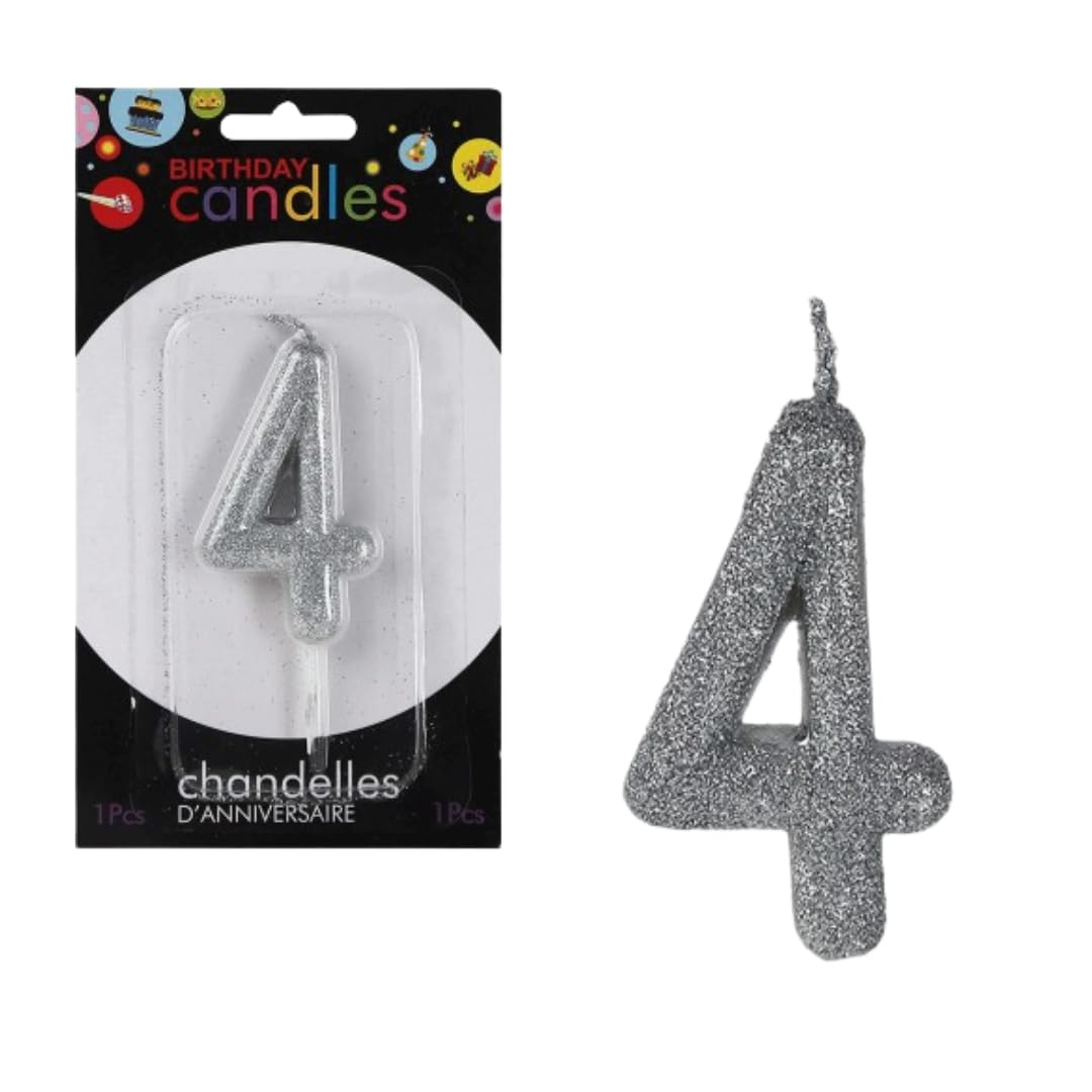 Glitter Silver Number 4 Candle - Birthday Cake Topper & Party Decoration for Kids, Adults, Anniversary Celebrations (Perfect for Cakes, Cupcakes & Dessert Tables)