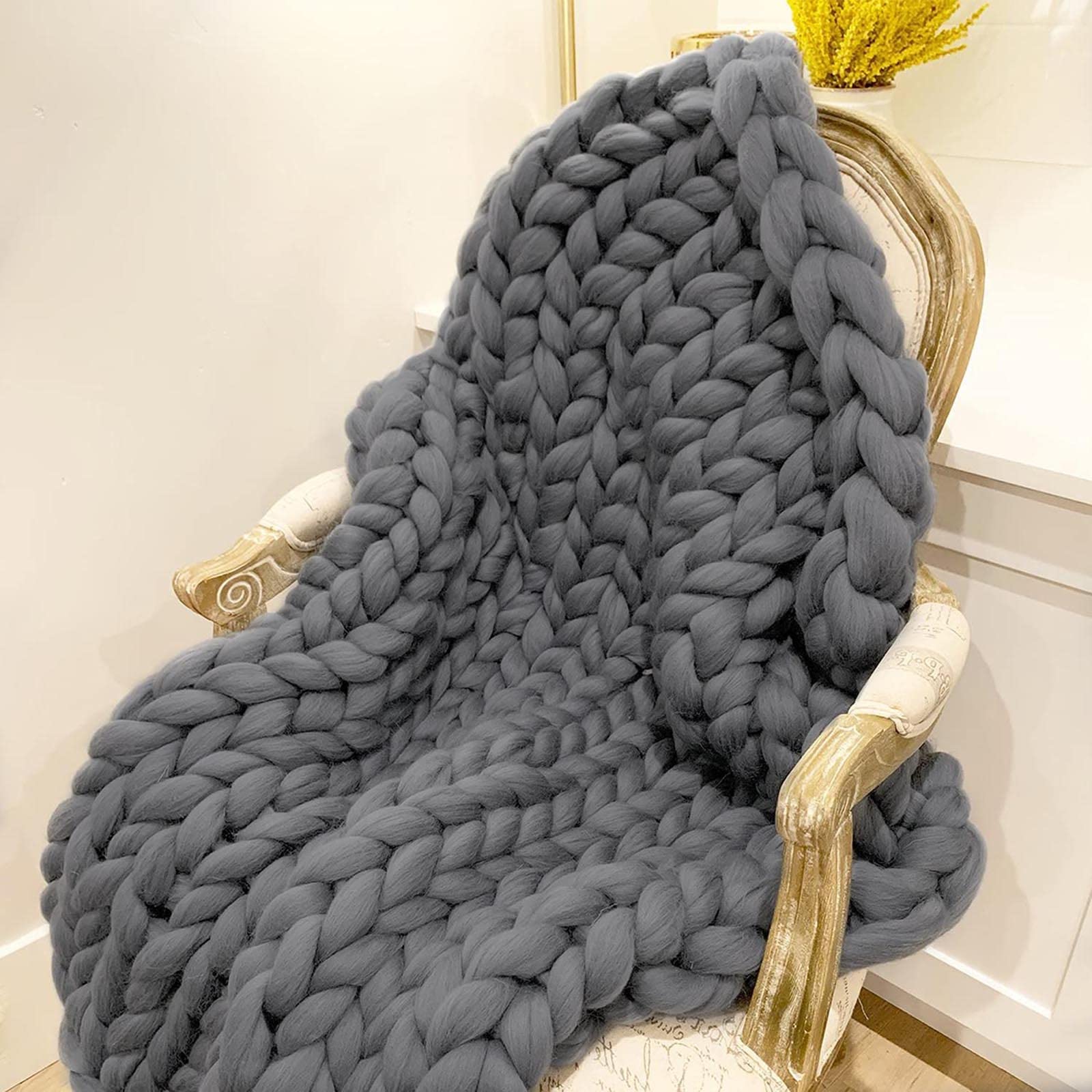 Chunky Knit Throw Blanket - Soft Vegan Braided Cable Knit Blanket, Extra Large 100x200cm (39.3x78.7in), Gray - Cozy Boho Home Decor for Bed, Sofa, Pet Chair & Yoga Mat - Perfect for Living Room, Nursery & Winter Snuggling