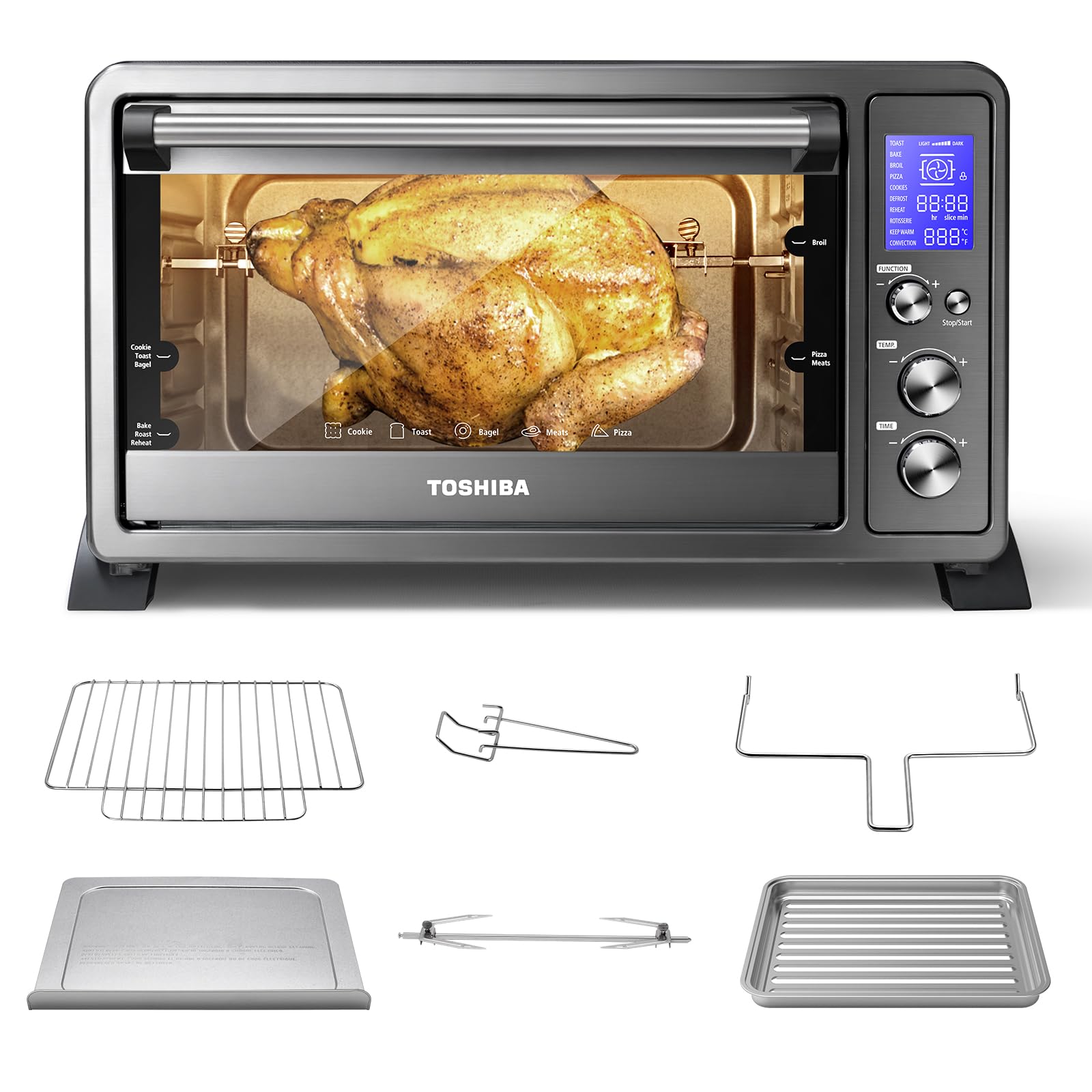 TOSHIBA AC25CEW-BS 6-Slice Convection Toaster Oven - 1500W Countertop Toaster with 10 Functions (Toast, Pizza, Rotisserie) - Black Stainless Steel with 6 Accessories - Perfect for Small Kitchens, Dorms & Quick Meals