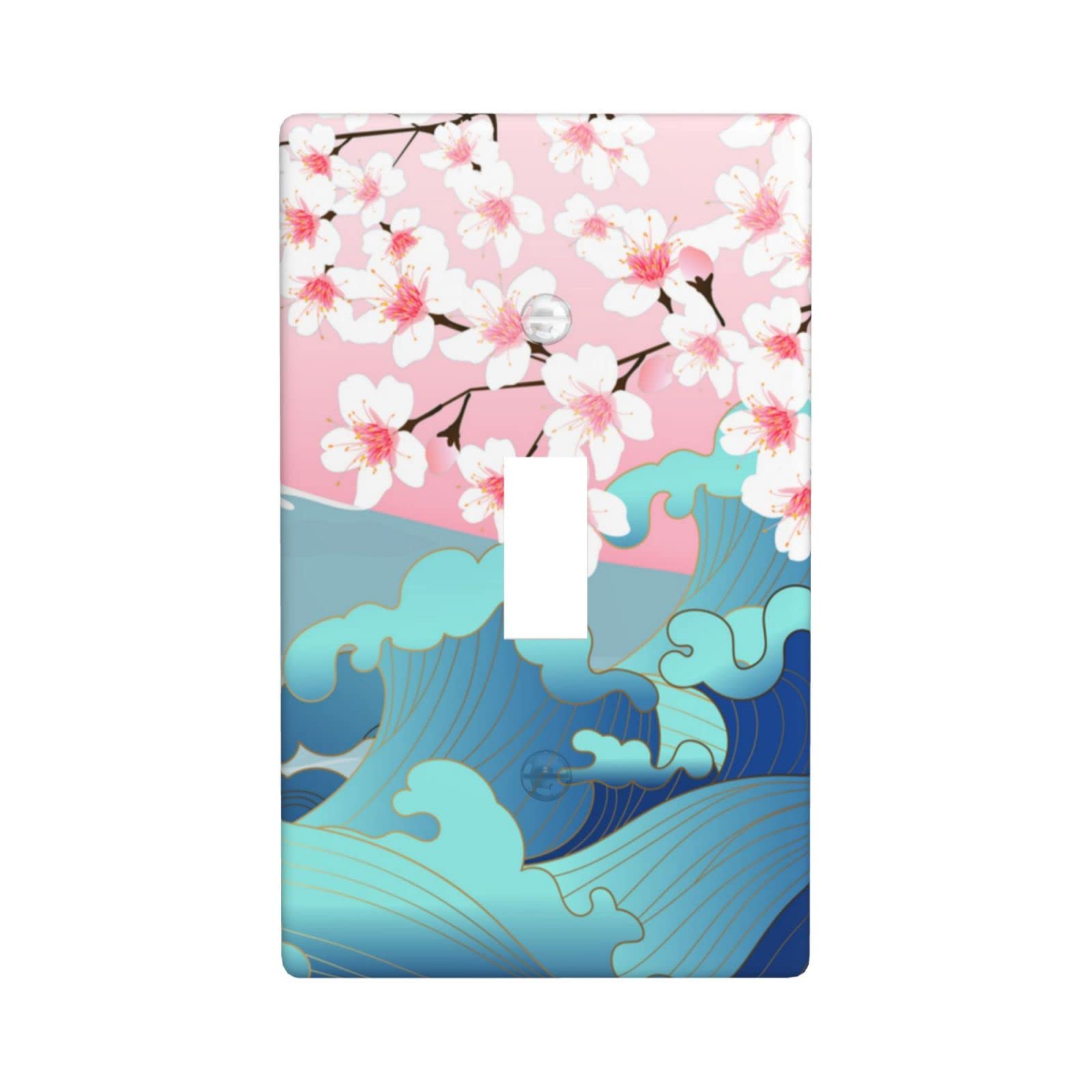 Japanese Wave Cherry Blossom Wall Plate Cover - Decorative Light Switch Plate for Bedroom, Kitchen & Home Decor - Perfect for Asian-Inspired Interior Design and Zen Home Decorating
