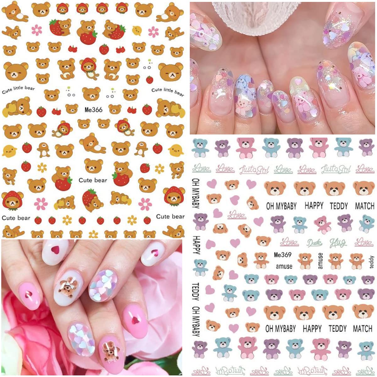 10 Sheets Cute Bear Nail Stickers - 3D Self-Adhesive Cartoon Nail Art Decals for Women & Girls | DIY Manicure Decorations, Fashion Nail Accessories - Perfect for Parties, Holidays & Everyday Wear