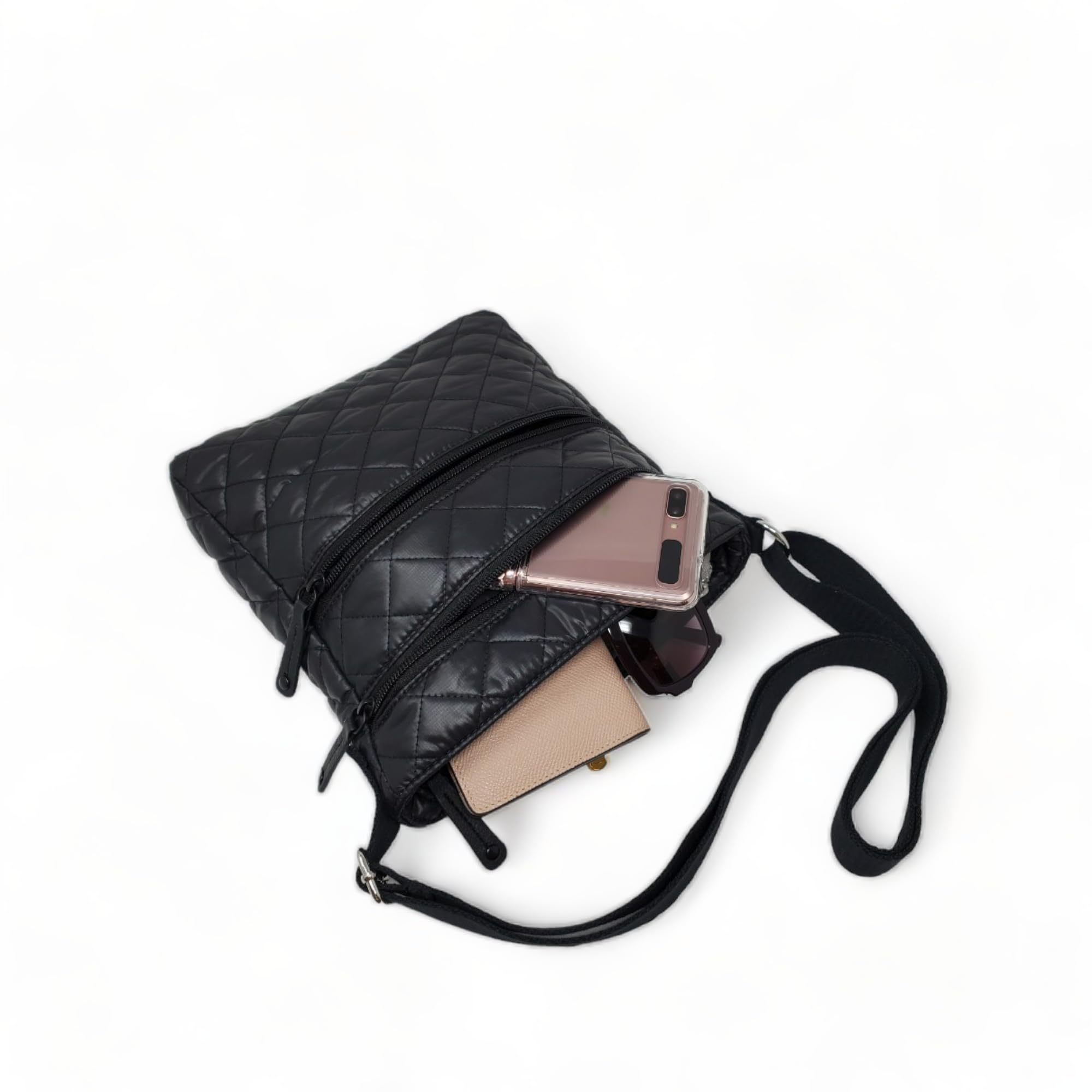 Quilted Crossbody Bag - Black, Ultra Lightweight, Water Repellent & Stain Resistant - Perfect for Travel, Shopping & Everyday Use