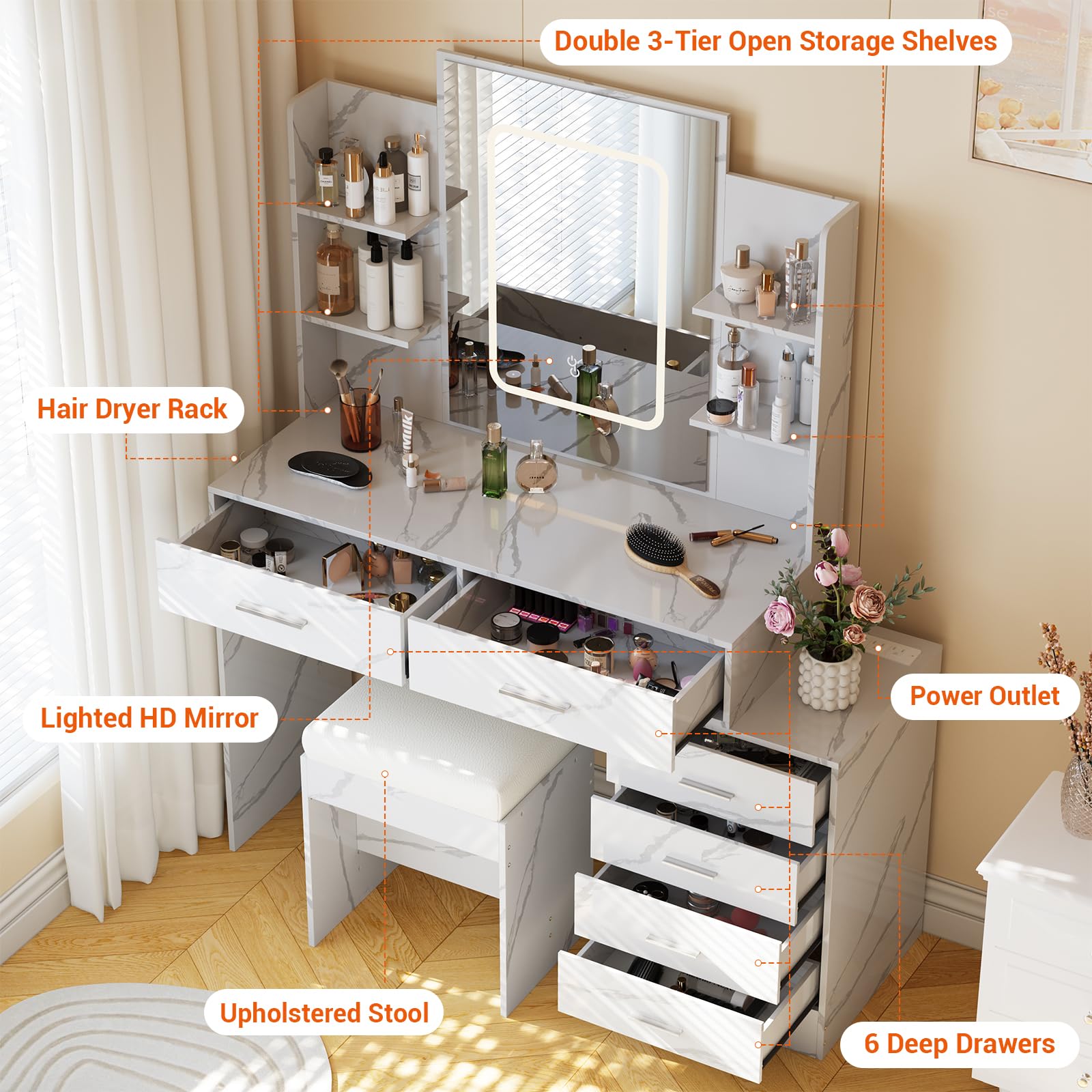 Vanity Desk with Mirror and LED Lights - Makeup Vanity Set with USB Charging Station, 6 Storage Drawers & Shelves, Includes Stool - Perfect for Bedroom, Dressing Room & Beauty Salon Makeup Application