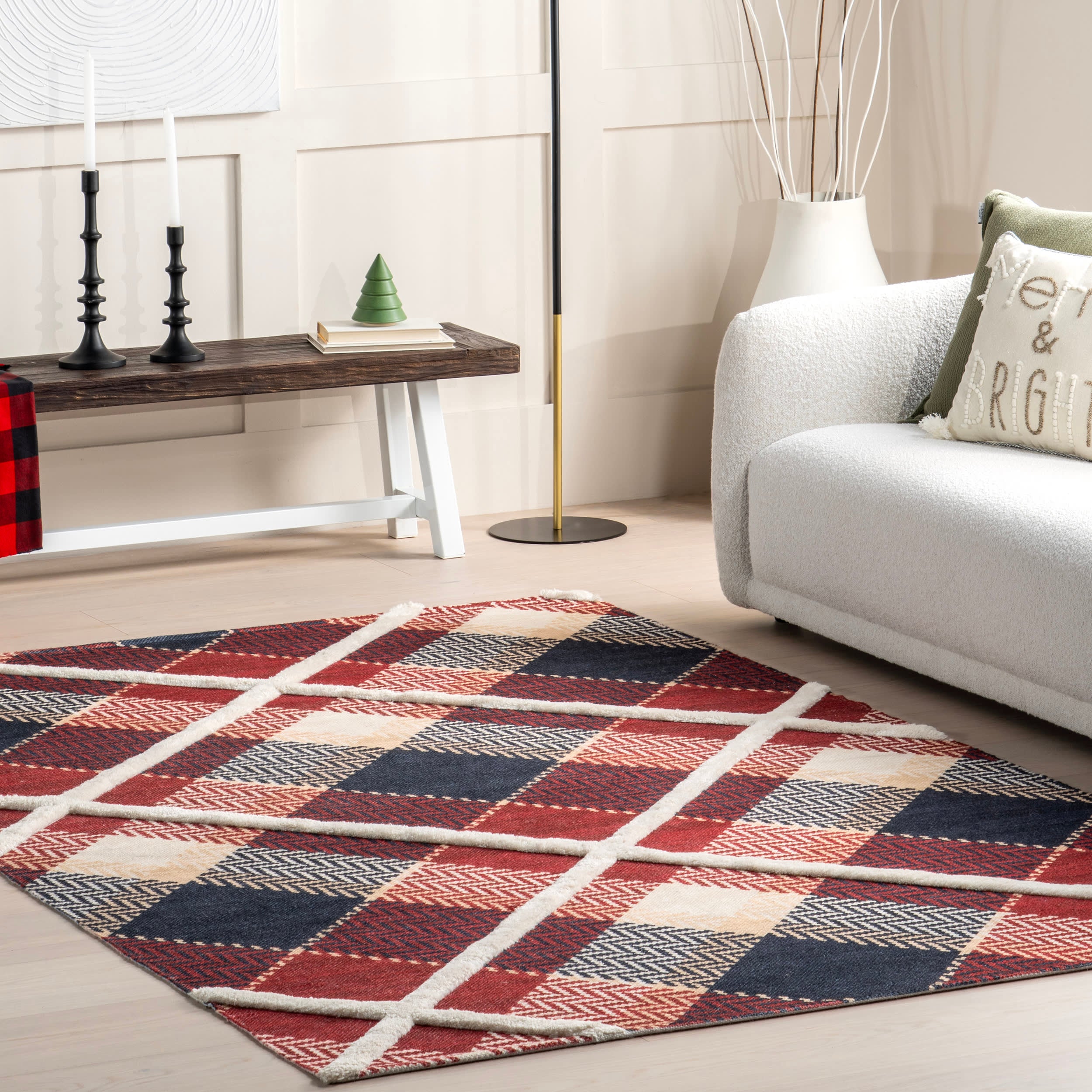 Damira Mirrored Plaid Area Rug in Red | Soft Non-Slip Living Room Carpet for Bedroom, Dorm & Home Decor