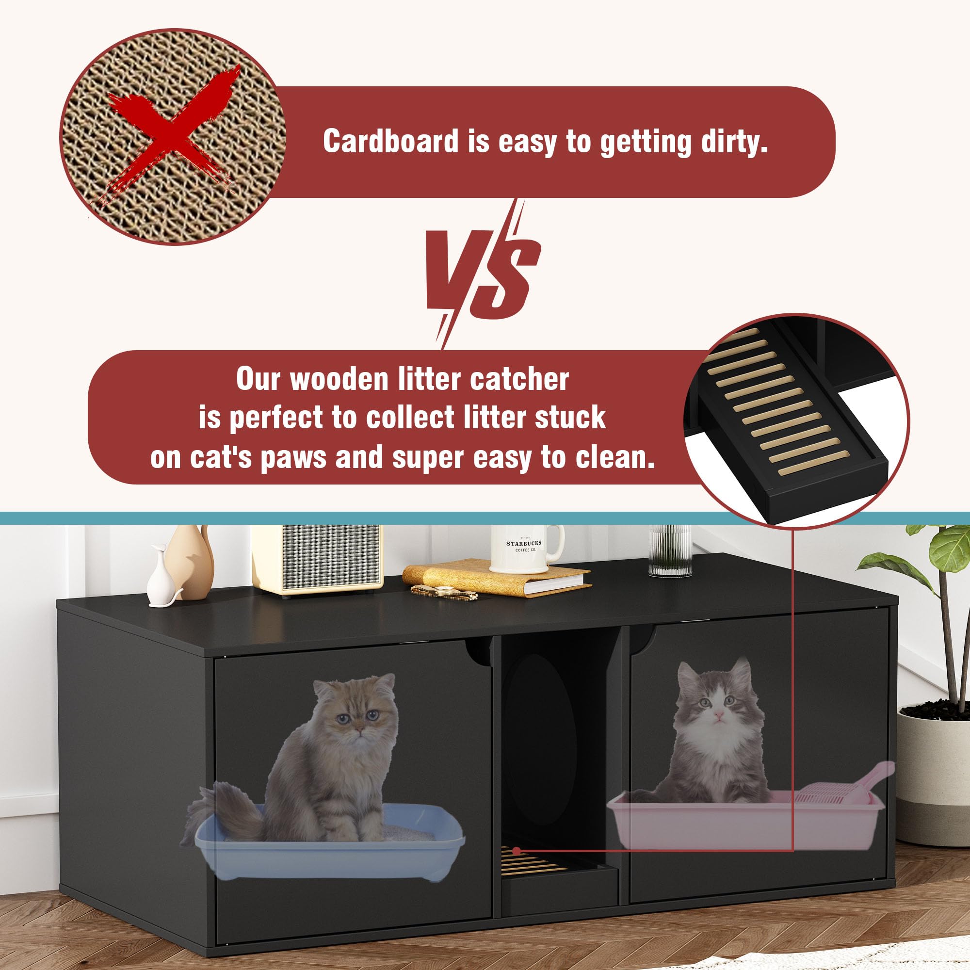 Modern Wooden Cat Litter Box Enclosure for 2 Cats - Stackable Large Cat Washroom Storage Cabinet with Removable Litter Box, Bench End Table Furniture in Black - Perfect for Small Spaces & Multi-Cat Homes