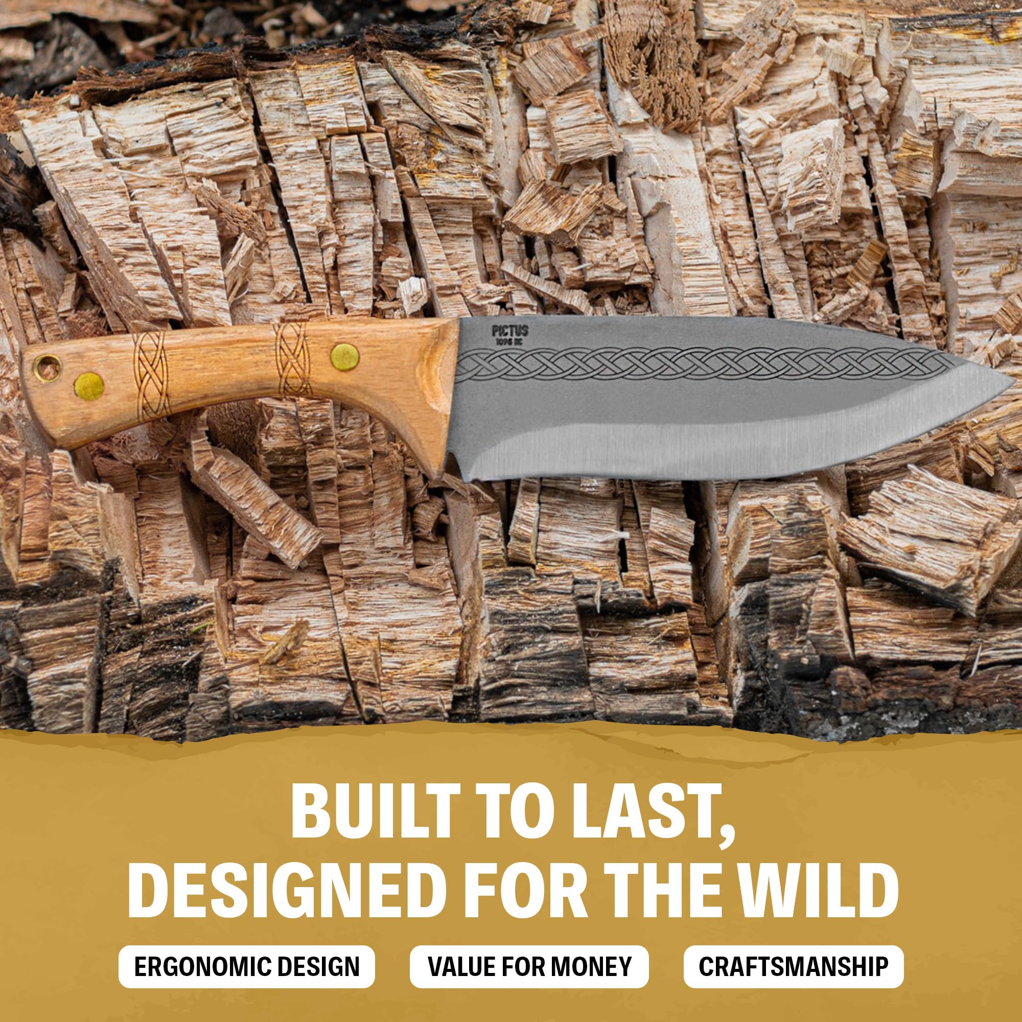 Condor Tool & Knife Pictus Fixed Blade Knife - 1095 High Carbon Steel Bushcraft Knife with Handcrafted Leather Sheath, Burnt Hickory Handle - 6.1 Inch Blade for Outdoor Survival, Camping & Hunting | 3mm Thickness | 14.1oz Weight