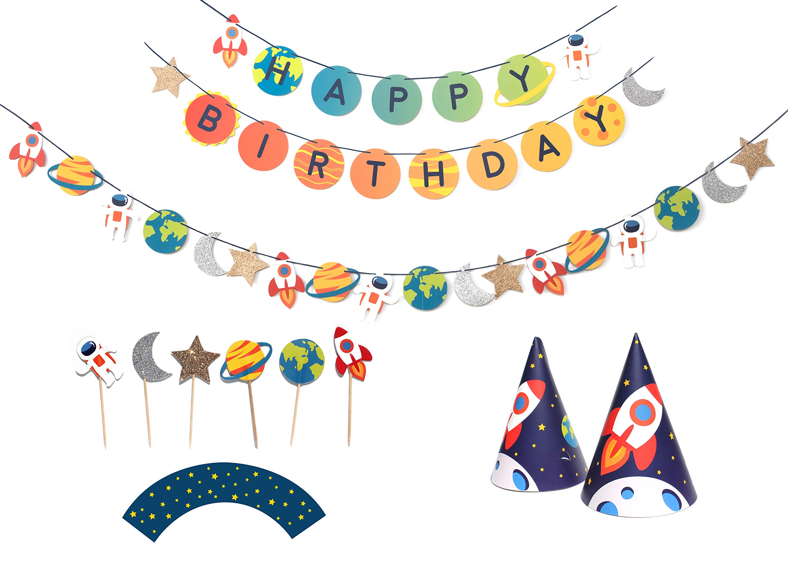Trip To The Moon - Complete Space Themed Birthday Party Decoration Kit for 12 Guests | Includes Happy Birthday Banner, Astronaut Garland, Cupcake Toppers & Wrappers, Party Hats | Perfect for Kids' Outer Space Birthday Party Decorations | Great for Home Celebrations & Classroom Events