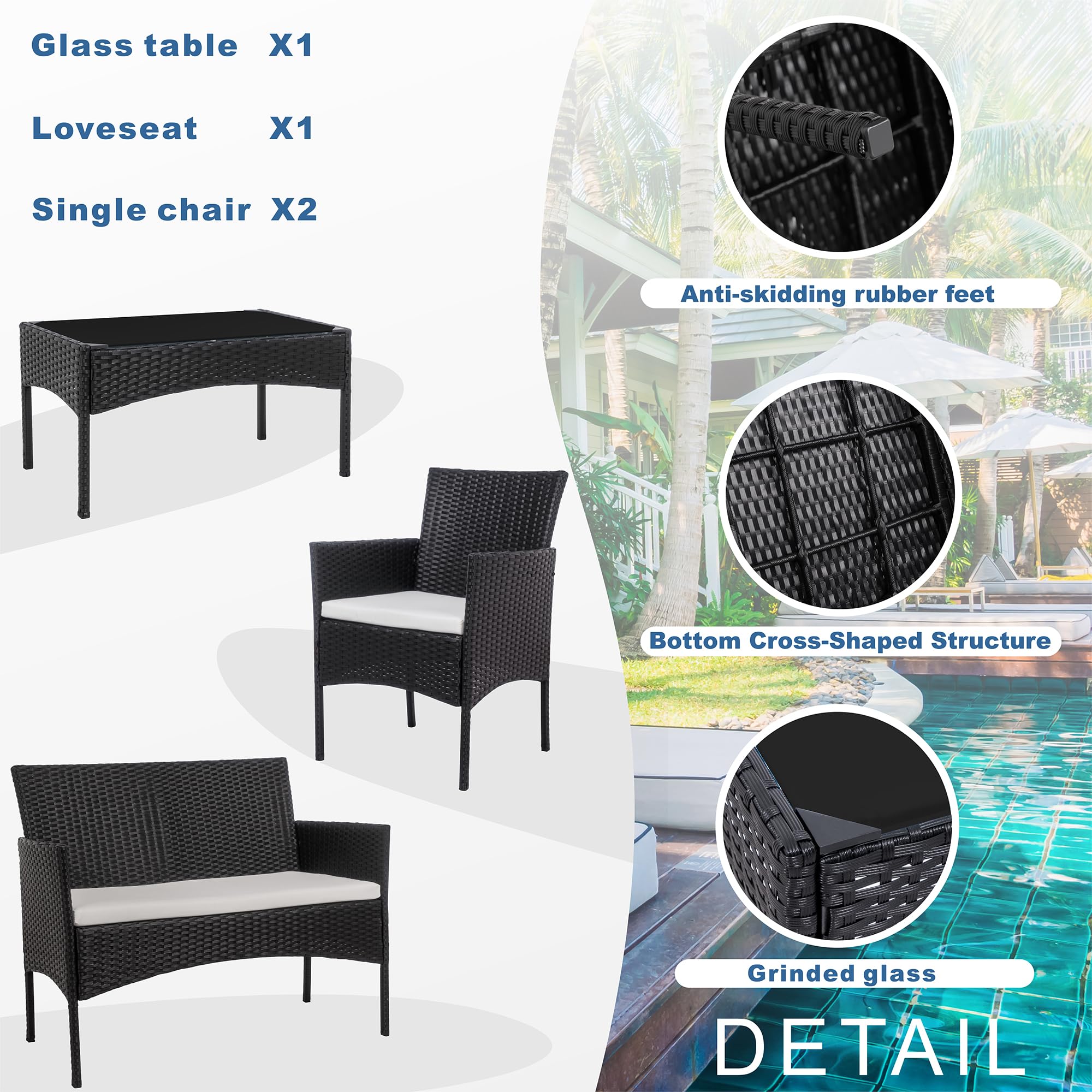 Shintenchi 4-Piece Outdoor Patio Furniture Set - Wicker Rattan Chairs with Tempered Glass Coffee Table - Perfect for Backyard, Porch, Garden, Poolside & Balcony Relaxation