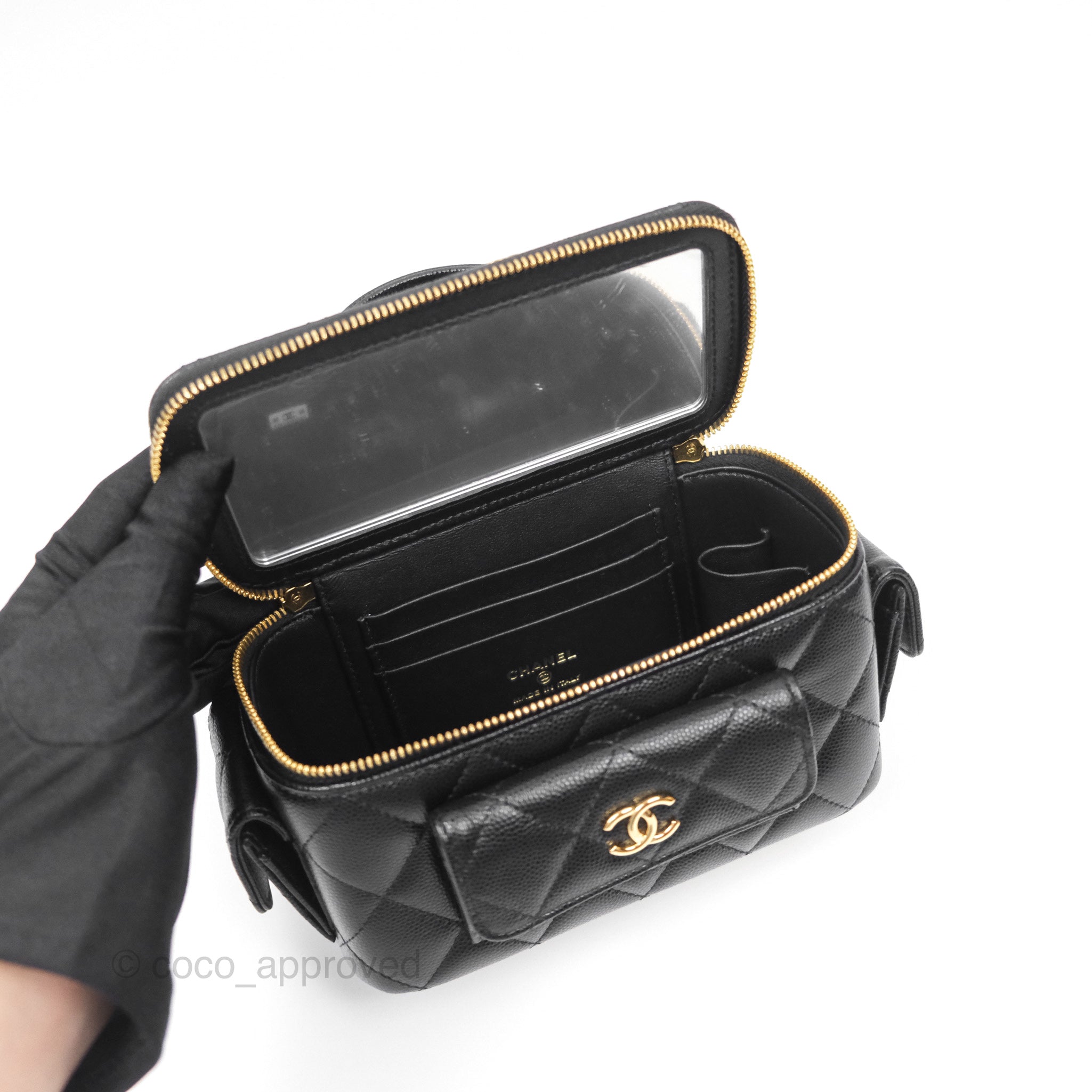 Chanel Black Caviar Gold Hardware Cargo Pocket Top Handle Vanity Bag with Chain - Perfect for Evening Events, Parties, and Luxury Fashion Accessories