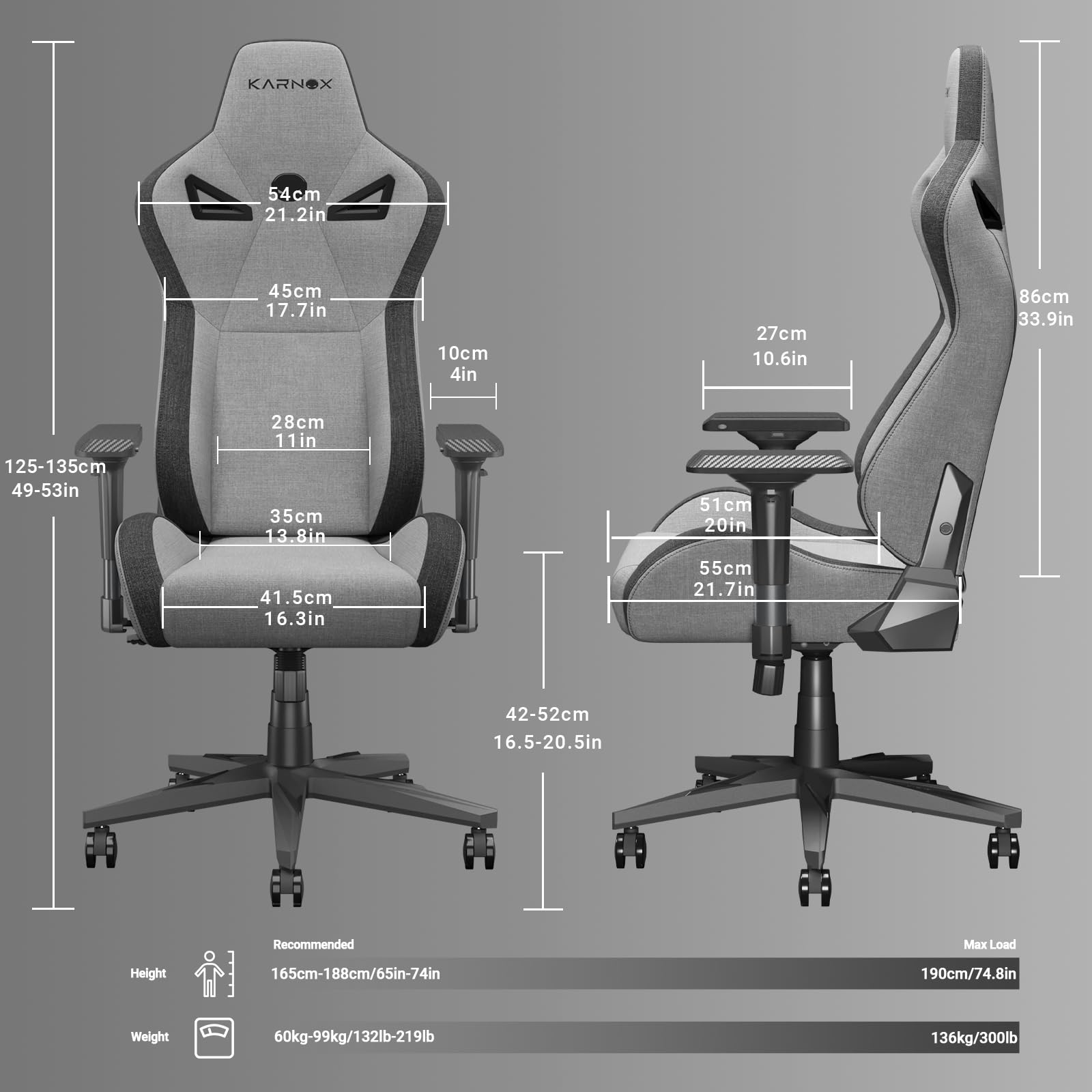 KARNOX Legend Ergonomic Gaming Chair - High Back Racing Office Desk Chair with Adjustable Headrest, Lumbar Support & 360° Swivel Recline - Light Grey Computer Chair for PC Gaming, Home Office & Esports