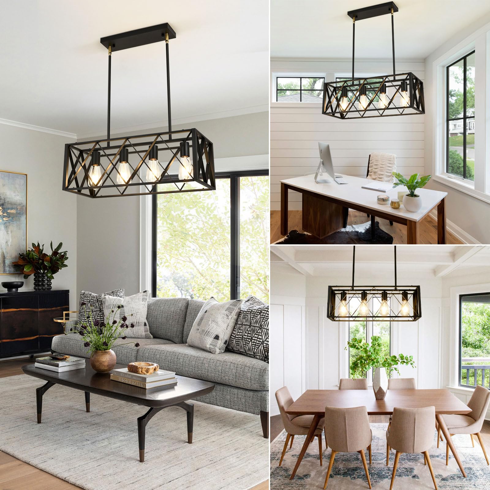 Black Farmhouse Chandelier - 4-Light Metal Industrial Linear Pendant Lighting for Kitchen Island, Dining Room & Living Room | Rustic Home Decor for Modern Farmhouse, Industrial Loft & Open Concept Spaces