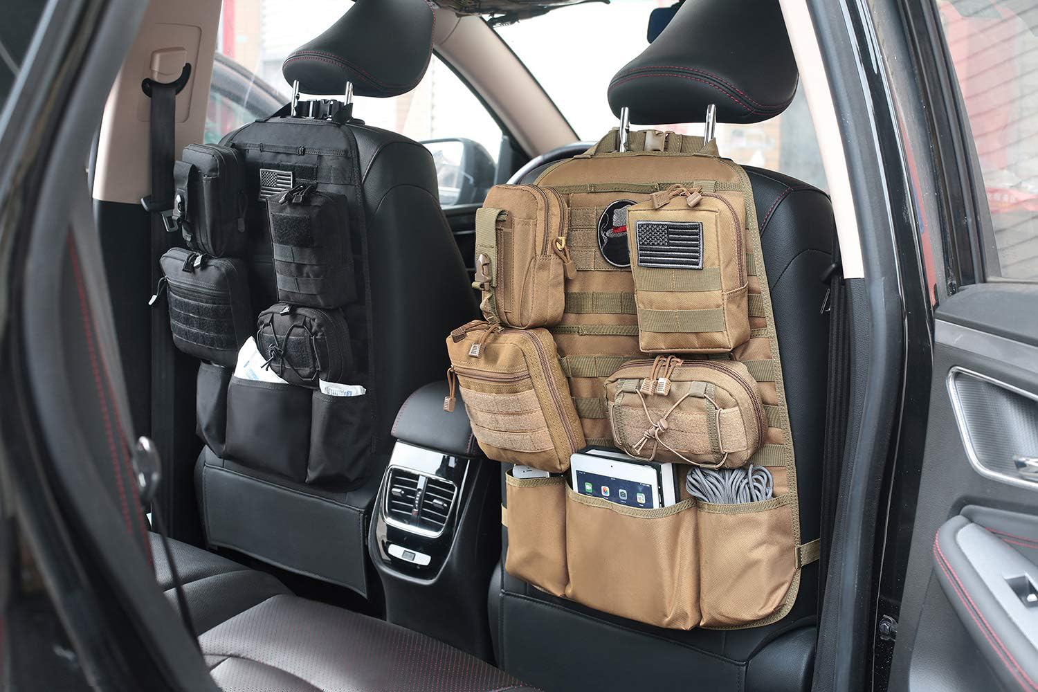 Tactical Car Seat Back Organizer - Universal Fit Molle Vehicle Panel with Extra USA Flag Patch, 2 Pack Coyote Brown - Perfect for Road Trips, Camping & Outdoor Adventures