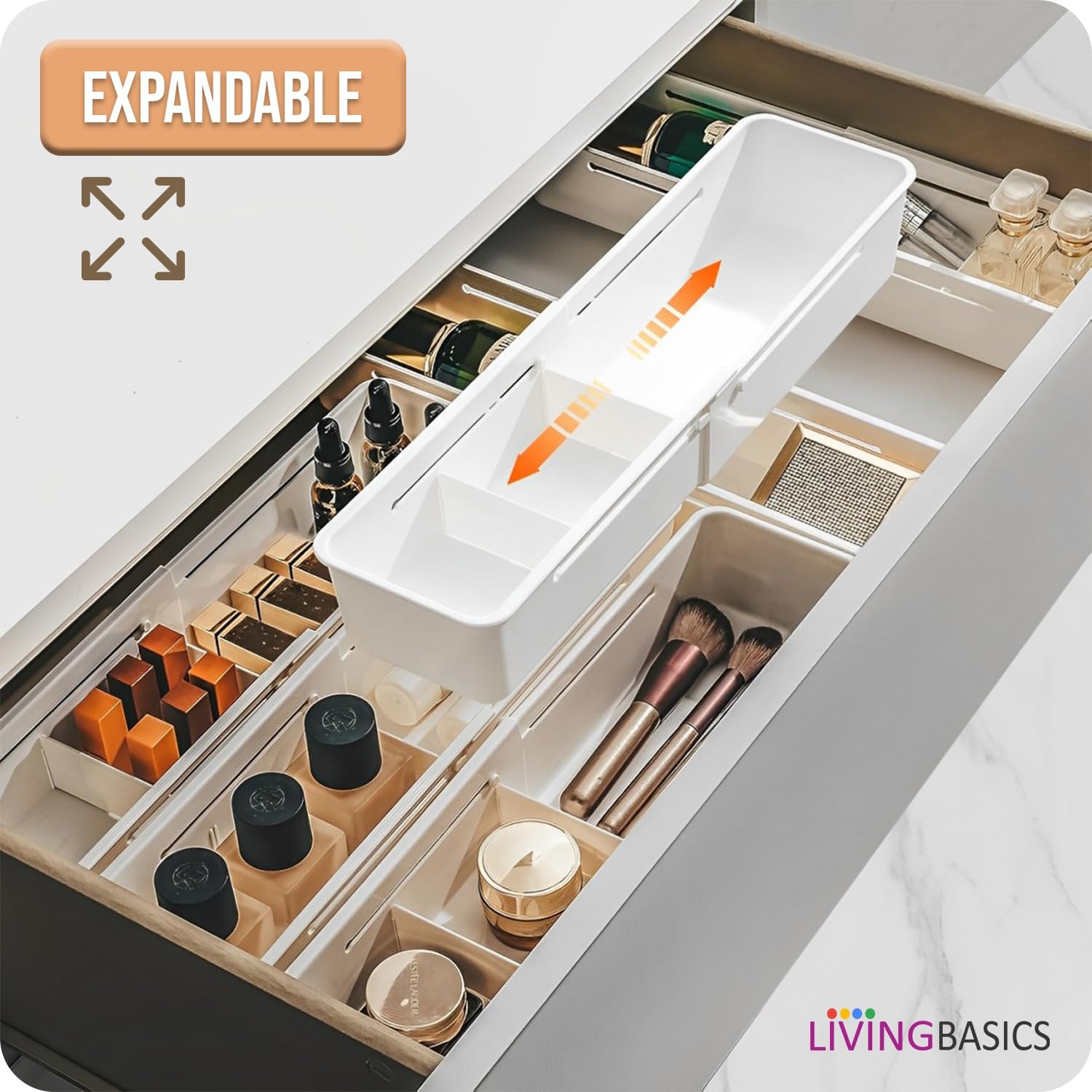 LIVINGBASICS 2 Large 3 Small Expandable Drawer Organizer Set - Adjustable Storage Tray & Divider for Kitchen, Office, Bathroom - White PPCP Plastic Organizer for Utensils, Makeup, Office Supplies