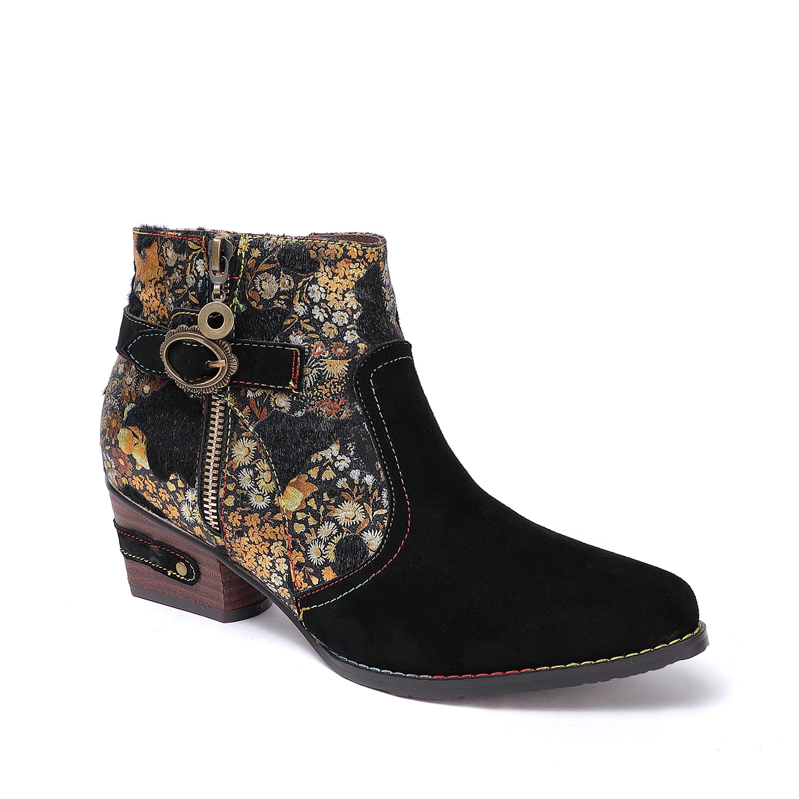 CrazycatZ Women's Cowgirl Boots - Bohemian Western Ankle Boots with Block Heel | Genuine Leather Colorful Cowboy Boots for Country Dancing, Rodeo & Festival Fashion