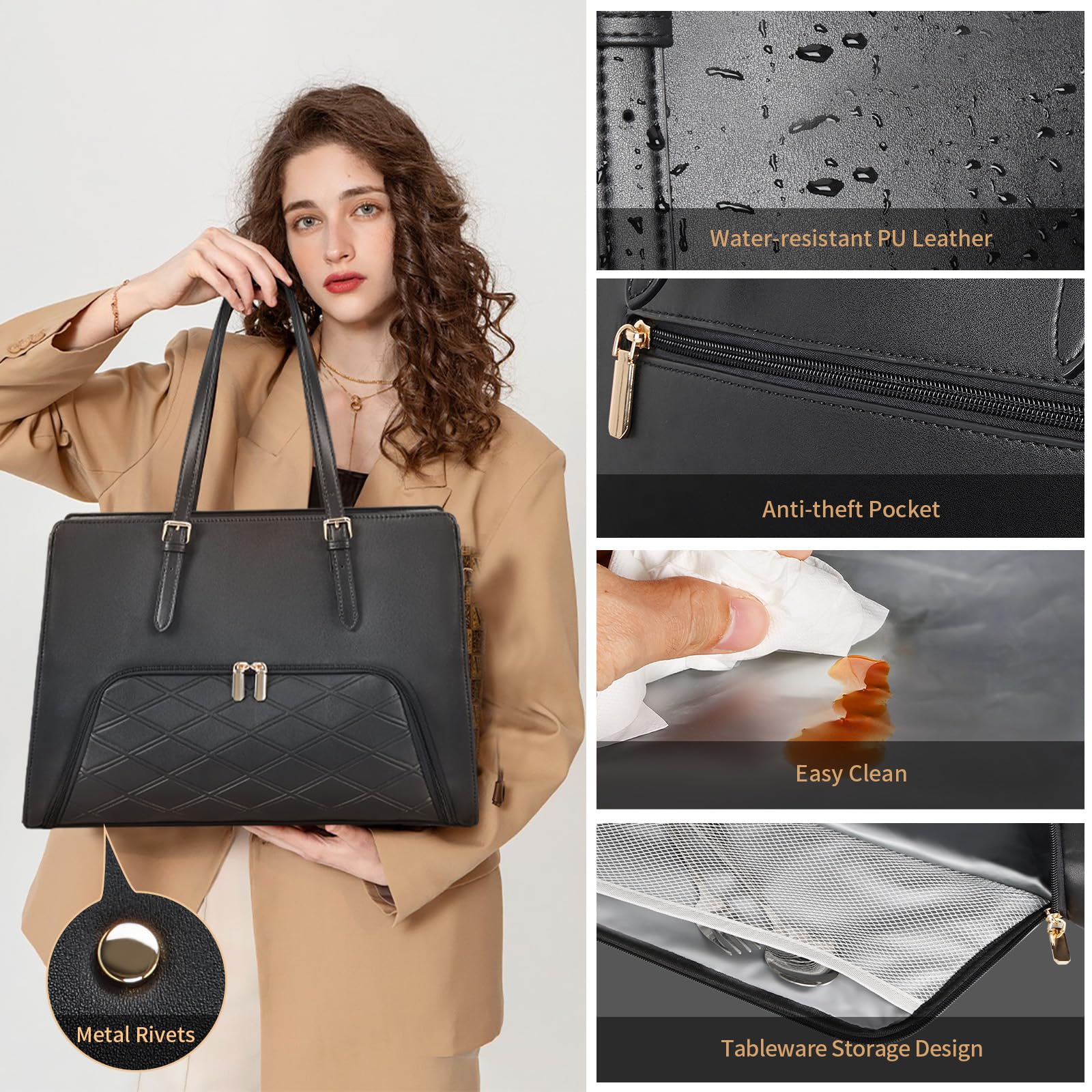 BERTASCHE 15.6 Inch Laptop Tote Bag for Women - PU Leather Waterproof Work Bag with Insulated Lunch Compartment - Business Briefcase & Office Shoulder Handbag - Perfect for Commuting, Business Travel & Work Essentials (Black)