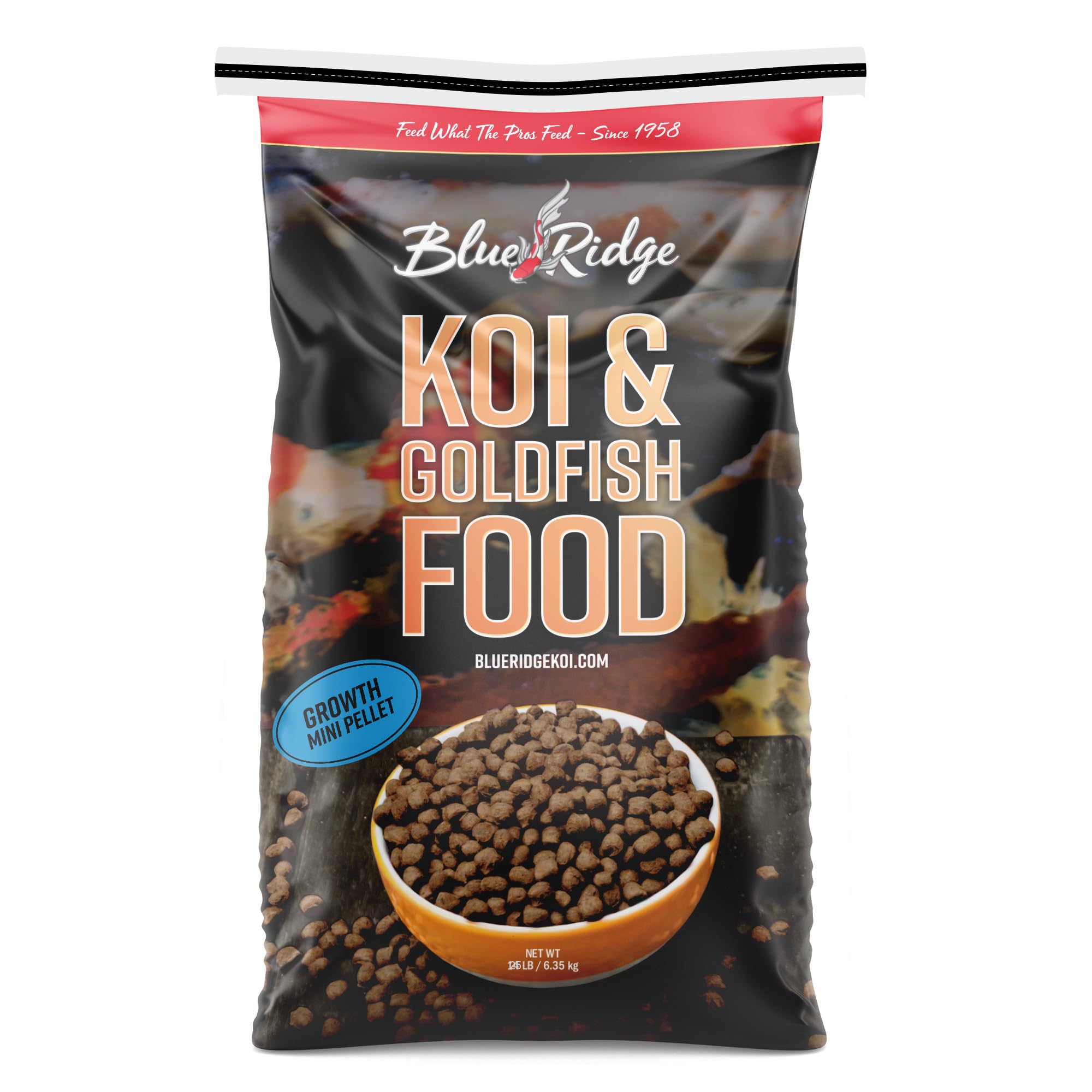 Premium Blue Ridge Koi & Goldfish Food 25lb - Mini Growth Formula Floating Pellets for All Seasons | High Protein Pond Fish Food for Healthy Growth | Ideal for Outdoor Ponds, Water Gardens & Koi Breeding