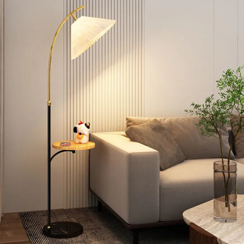Modern Arched Floor Lamp with Small Table - Adjustable Standing Light for Living Room, Bedroom & Office - Dimmable LED Reading Light with Side Table & USB Charging Port
