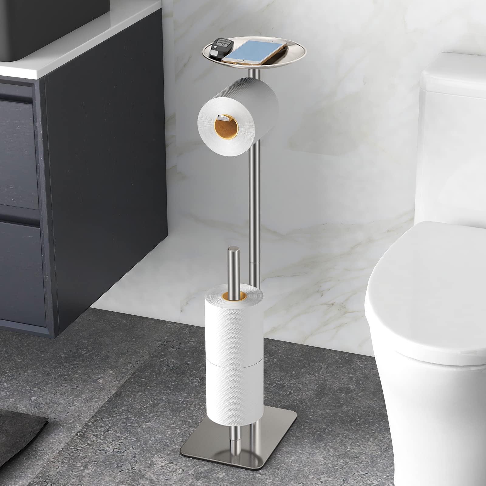 Sturdy Floor Standing Toilet Paper Holder with Storage Shelf - Holds 4 Reserve Rolls & Organizes Phone, Wipes, Wallet - Brushed Nickel Finish for Modern Bathroom Decor - Perfect for Home, Office & RV Use