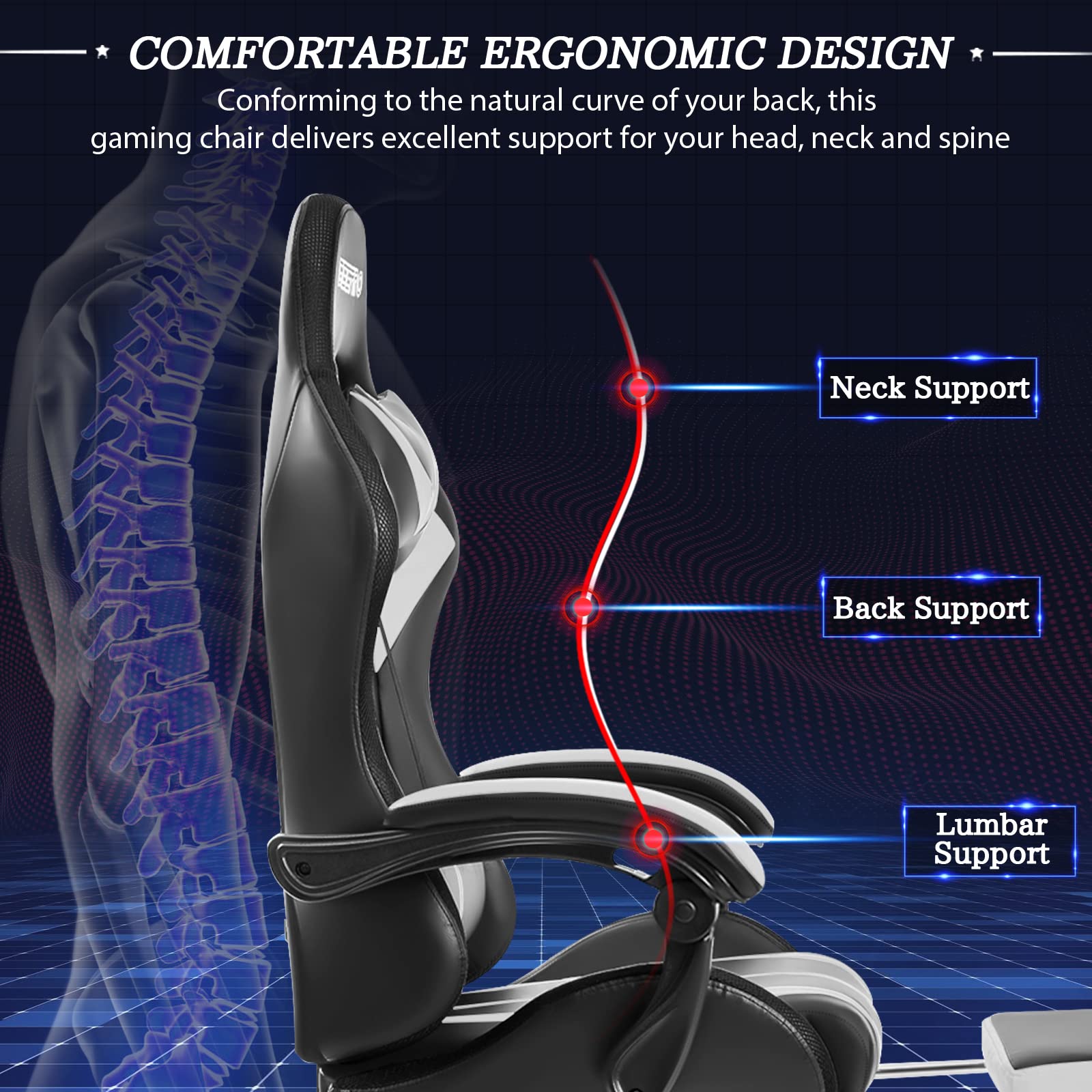 RGB Gaming Chair with LED Lights & Massage - Ergonomic High Back Computer Chair with Adjustable Lumbar Support, Footrest & Linkage Armrest - White & Black for Esports, Streaming & Home Office Setup