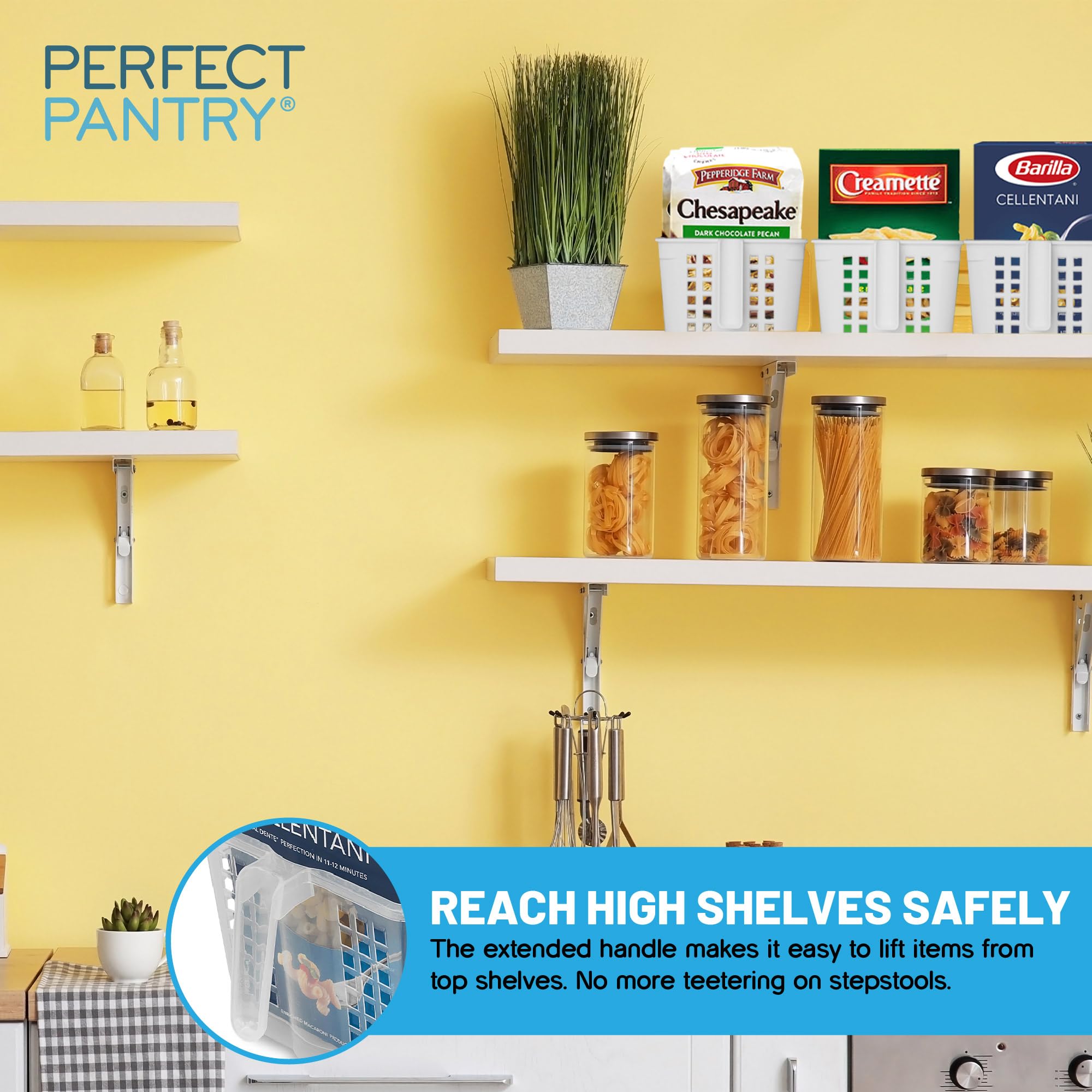 Large Plastic Organizer Bins with Handles - Kitchen Pantry Storage Baskets for Chip Bags, Cake Mixes, Pasta & Condiments | Perfect for Pantry Organization, Cabinet Storage & Kitchen Decluttering