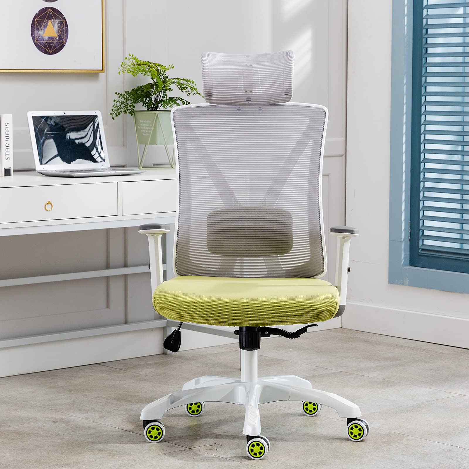 Ergonomic Office Chair with Lumbar & Neck Support - Adjustable Mesh High Back Desk Chair with Padded Seat - Comfortable Computer Task Chair for Women & Adults (Green) - Perfect for Home Office, Gaming & Workspaces