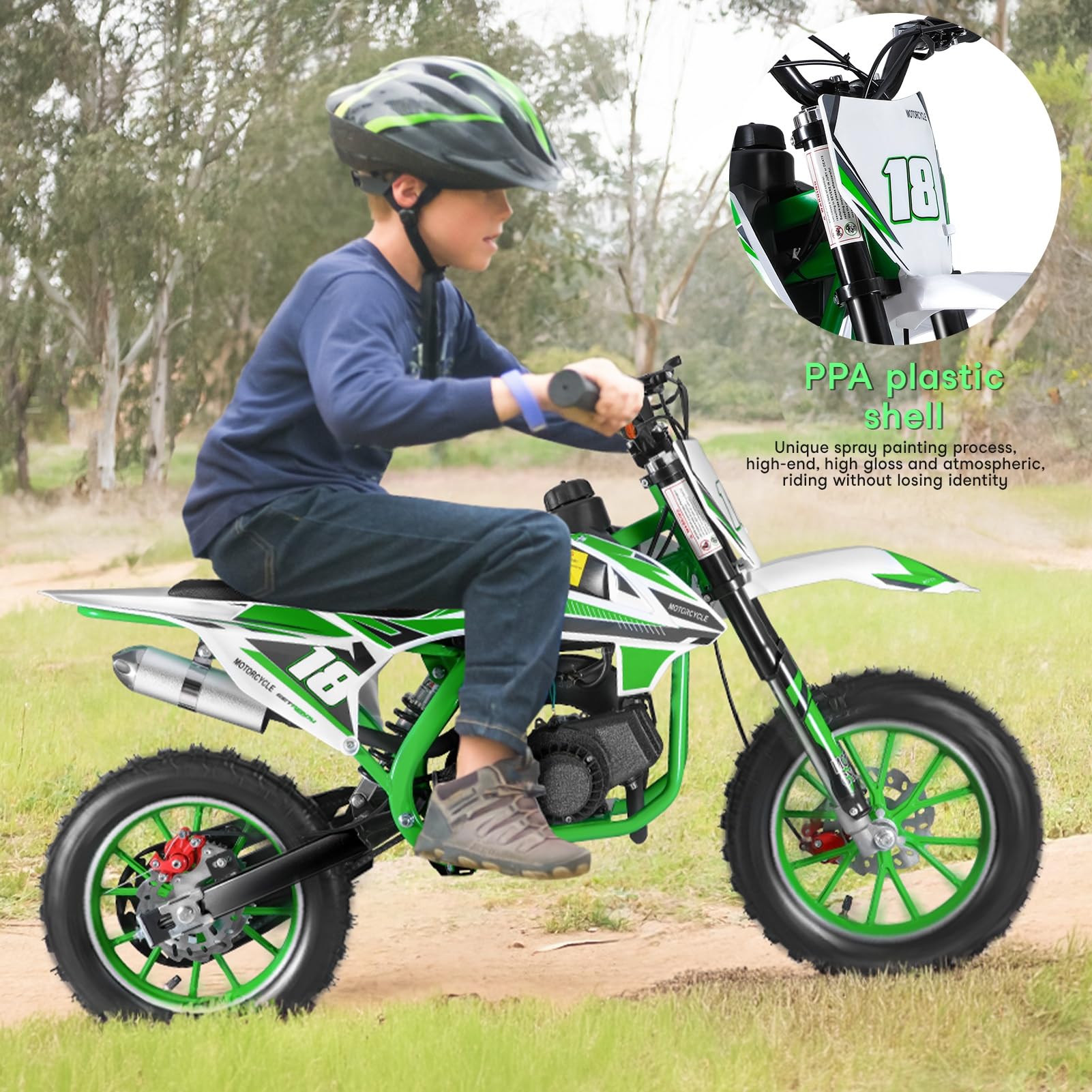 50cc 2-Stroke Kids Dirt Bike - Gas Powered Mini Motorcycle for Off-Road & Motocross - Front & Rear Disc Brakes - Green - Perfect for Backyard Riding, Trail Adventures & Youth Racing Practice