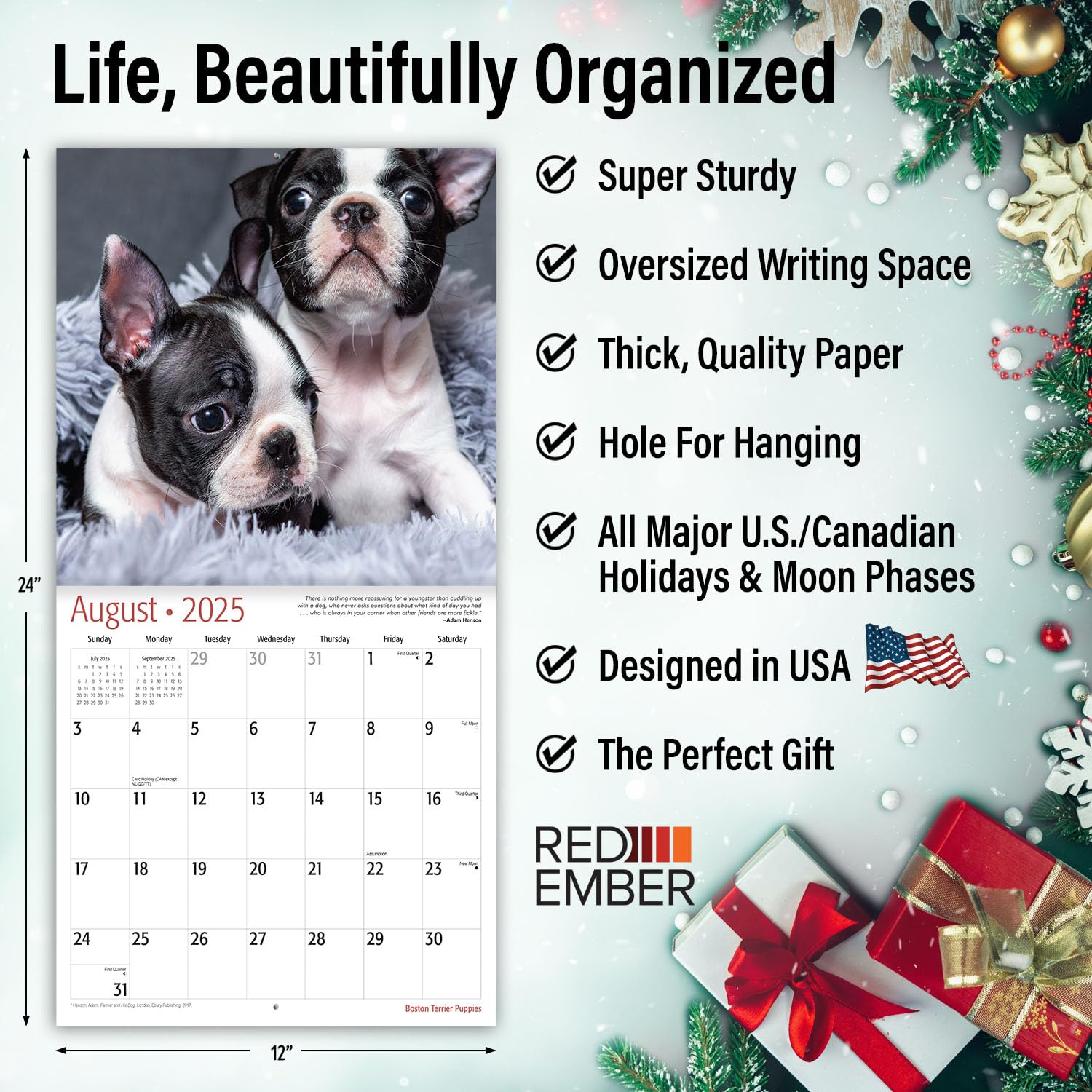 RED EMBER Boston Terrier Puppies 2025 Wall Calendar - 12 Month Large 12x24 Inch with Thick Sturdy Paper - Perfect Gift for Dog Lovers, Home & Office Decor