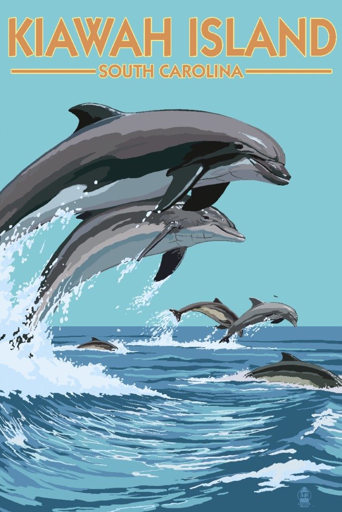 Signed 24x36 Dolphins Jumping Kiawah Island South Carolina Art Print - Coastal Wall Decor for Beach House, Living Room & Office