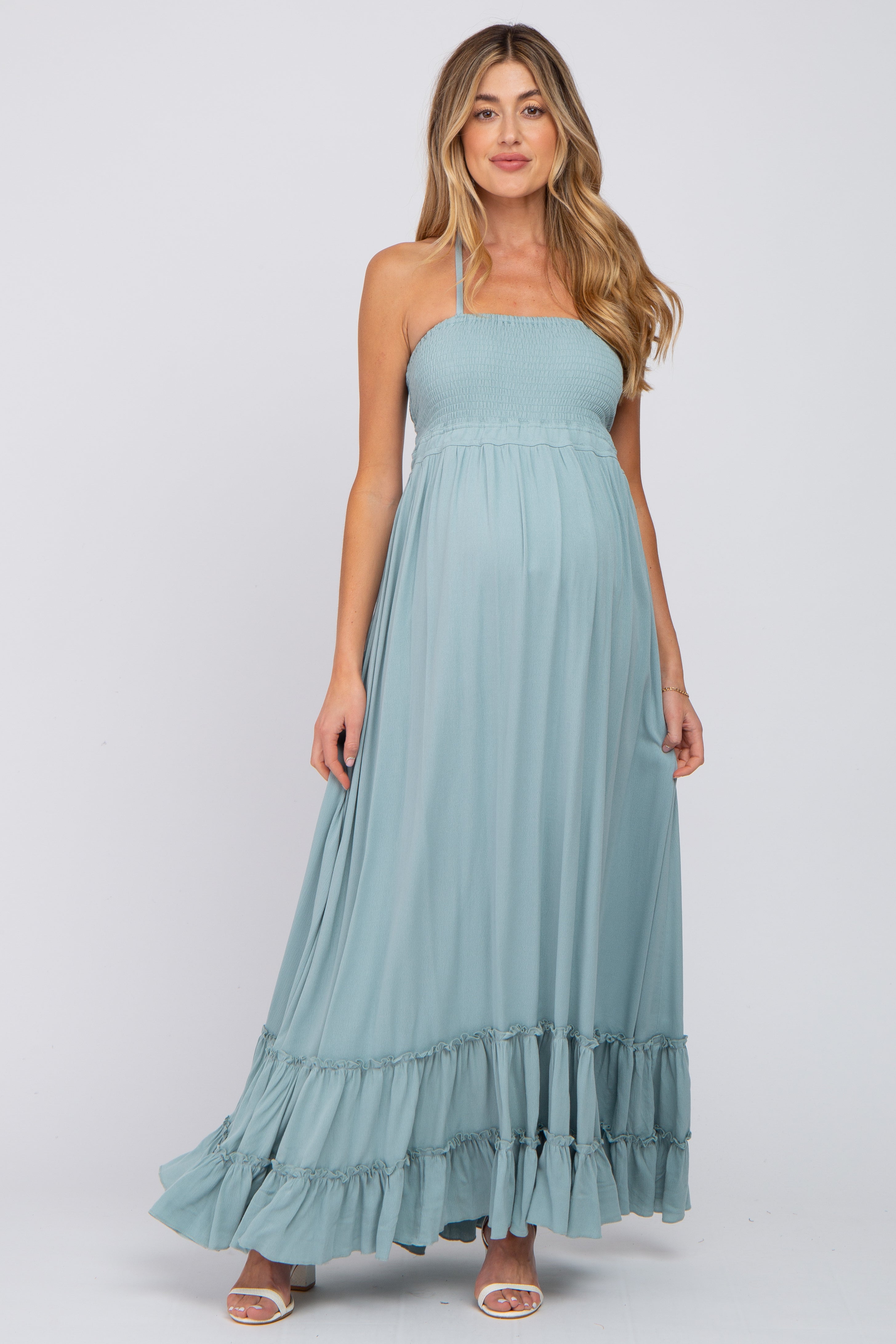 Aqua Blue Halter Neck Cut Out Maternity Maxi Dress for Pregnancy - Perfect for Beach Vacations, Maternity Photos & Summer Weddings