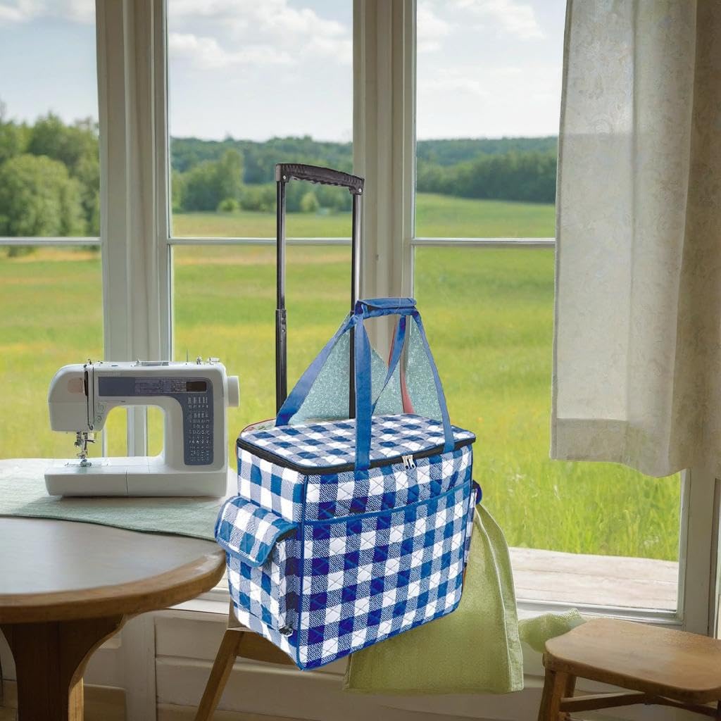Rolling Sewing Machine Tote Bag - Navy Buffalo Check Pattern, Portable Craft Storage for Quilting & Sewing Projects, Perfect for Travel & Workshops