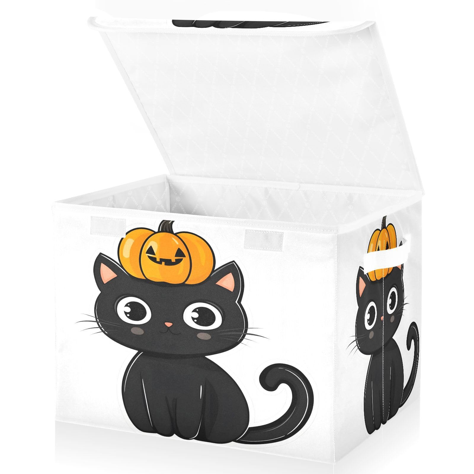 Foldable Fabric Storage Bins with Lids - Collapsible Pumpkin Head Kitten Design Organizer Baskets for Home, Bedroom, Closet & Office | Space-Saving Home Organization Solution