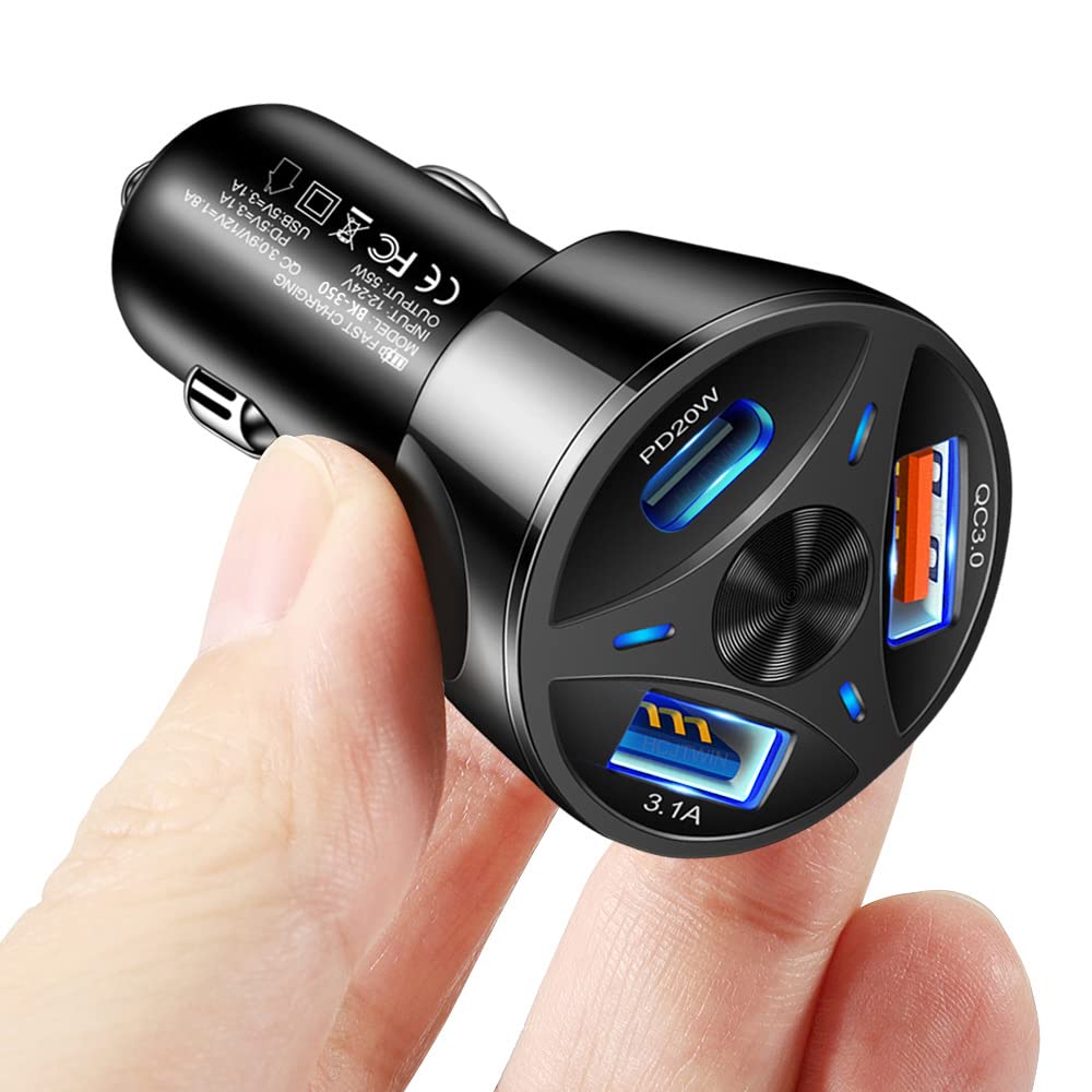 Fast Charging 3-Port USB Car Charger with PD20W & QC3.0 - Compatible with iPhone 14 Pro Max/13, MacBook Pro, iPad Pro, Galaxy S22/S21 & Nintendo Switch - Perfect for Road Trips & Multi-Device Charging