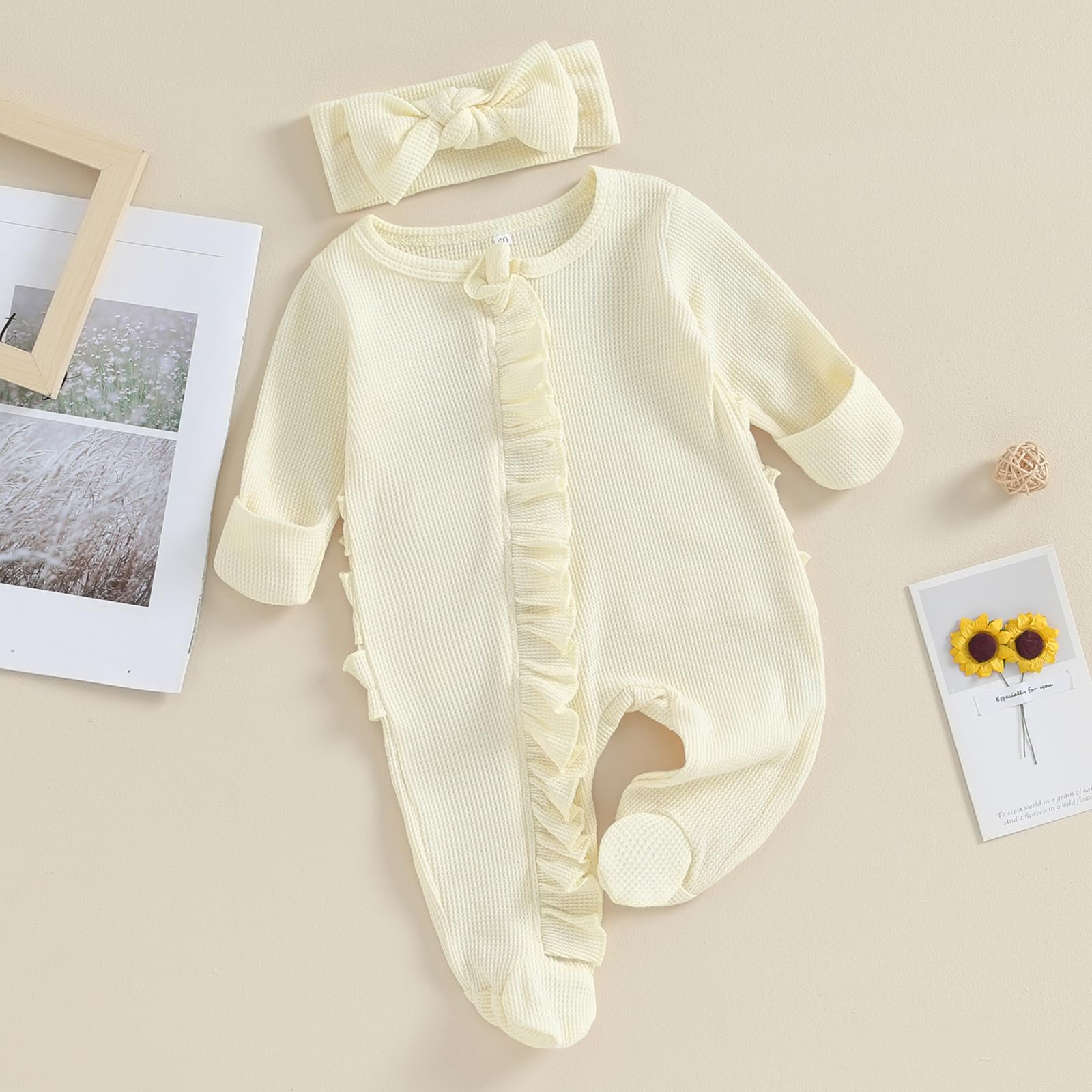FYBITBO Baby Girl Waffle Knit Romper - Soft Ruffle Jumpsuit with Zipper, Newborn Onesie Outfit for Coming Home, Photo Shoots & Daily Wear (0-24 Months)