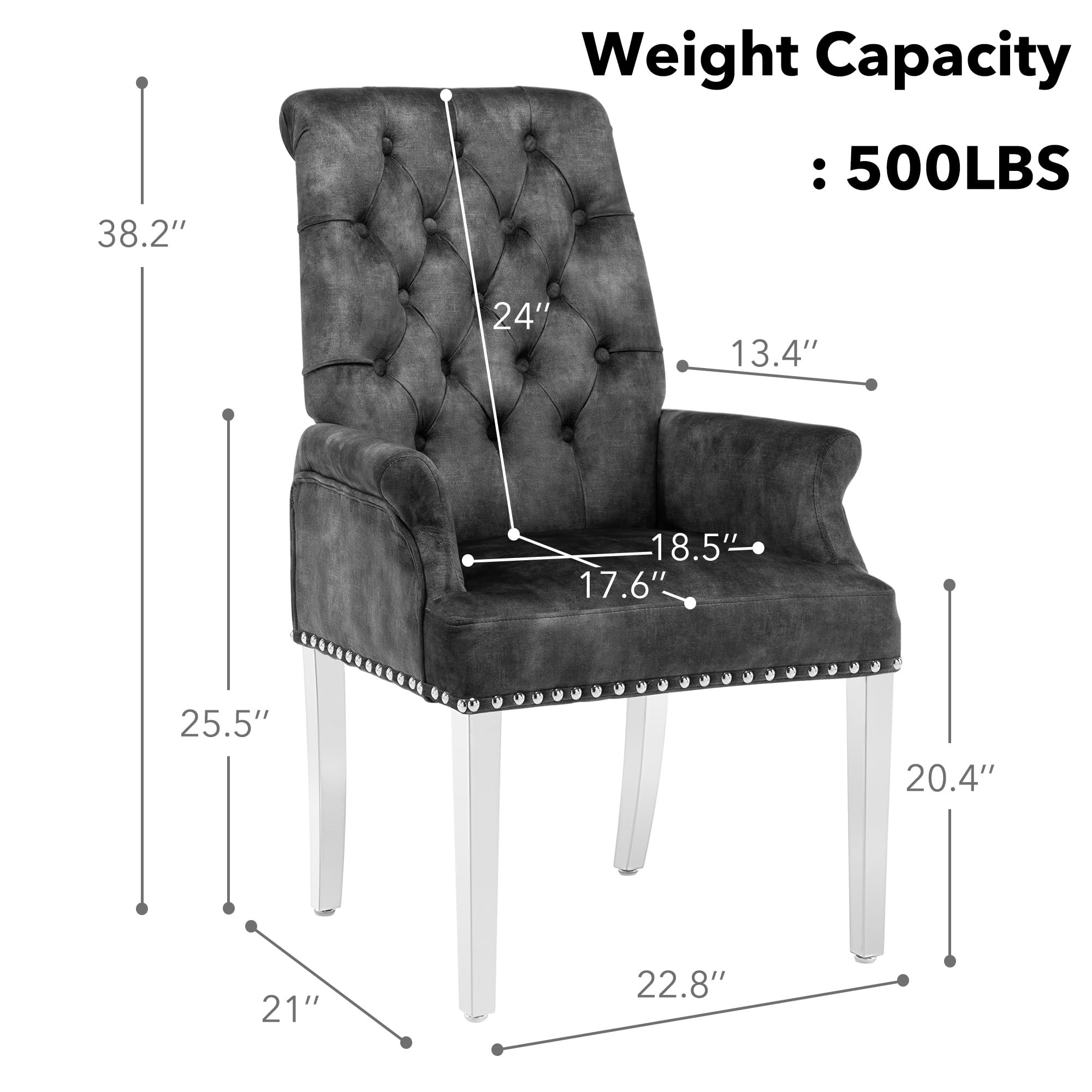 Luxury Velvet Dining Chairs with Tufted Upholstery & Stainless Steel Legs - Modern Armrest Dining Room Chairs in Dark Grey - Perfect for Home Dining, Restaurant, and Office Settings