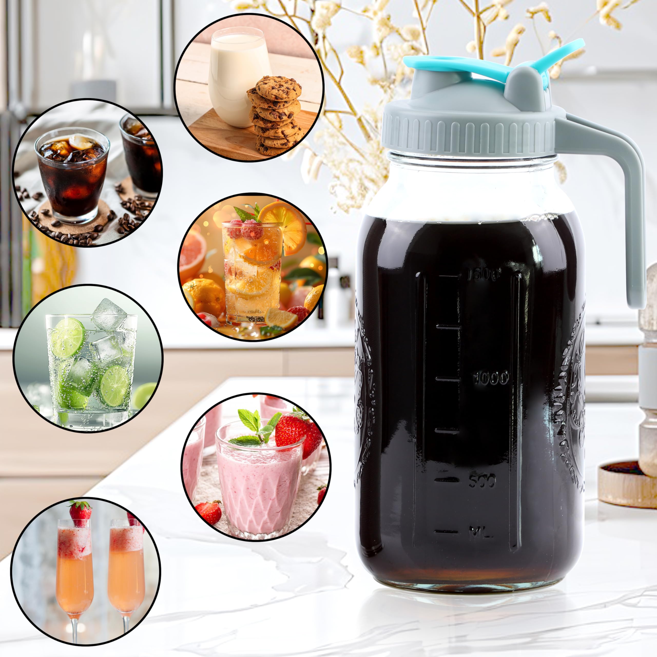 64 Oz Cold Brew Coffee Maker Set - Wide Mouth Mason Jar Glass Pitcher with Strainer & Spout Lids (Half Gallon/2 Quart) - Perfect for Iced Coffee, Lemonade, Milk Storage & Refrigerator Use - Ideal for Home, Office & Outdoor Activities
