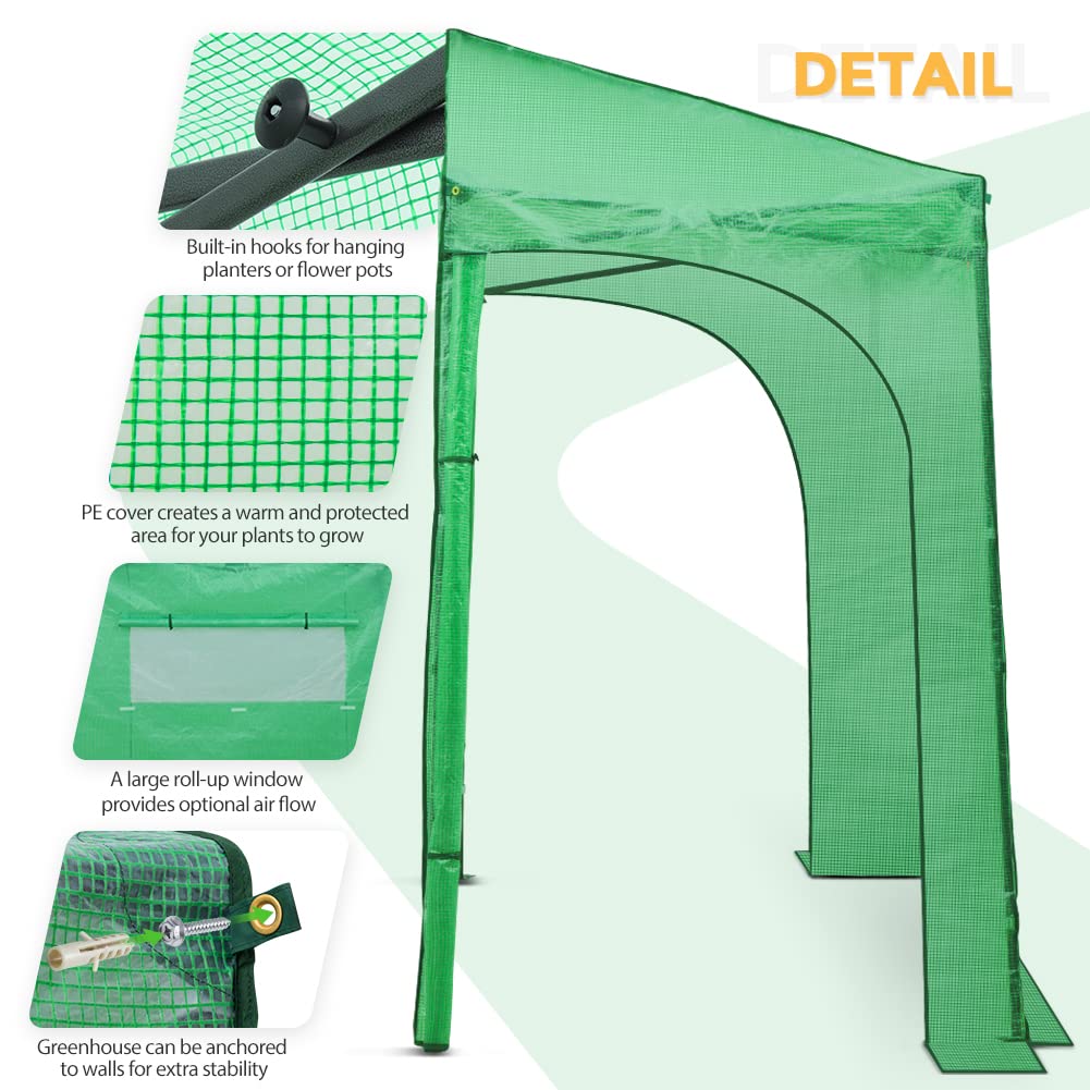 EAGLE PEAK 9x4 Lean-to Portable Walk-in Greenhouse - Pop Up Indoor Outdoor Garden Greenhouse with Zippered Doors & Windows, PE Cover (Green) - Perfect for Backyard Gardening, Plant Protection & Year-Round Growing