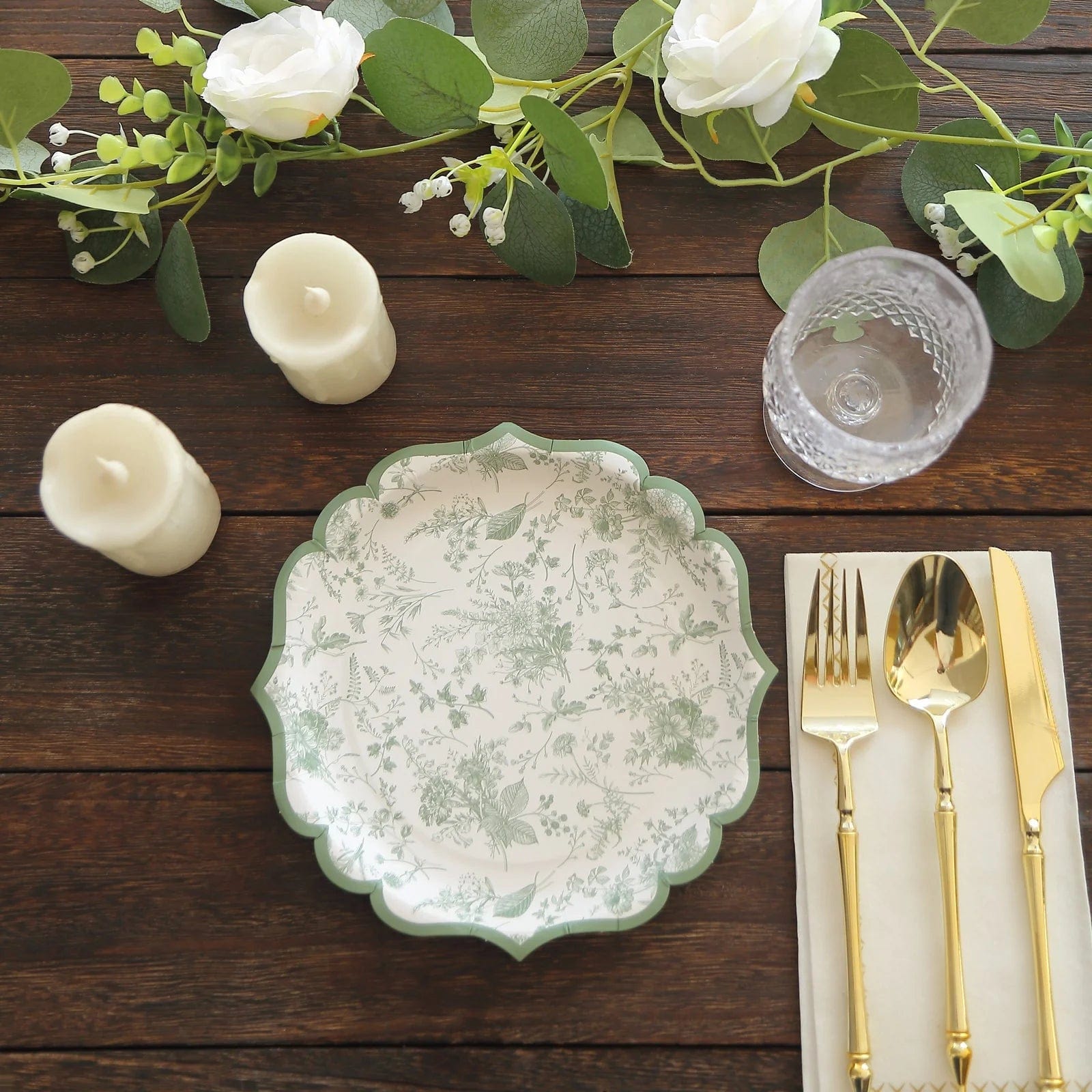 25-Pack White and Sage Green Floral Leaf Print Paper Plates with Scalloped Rim - Elegant Disposable Tableware for Weddings, Baby Showers & Garden Parties